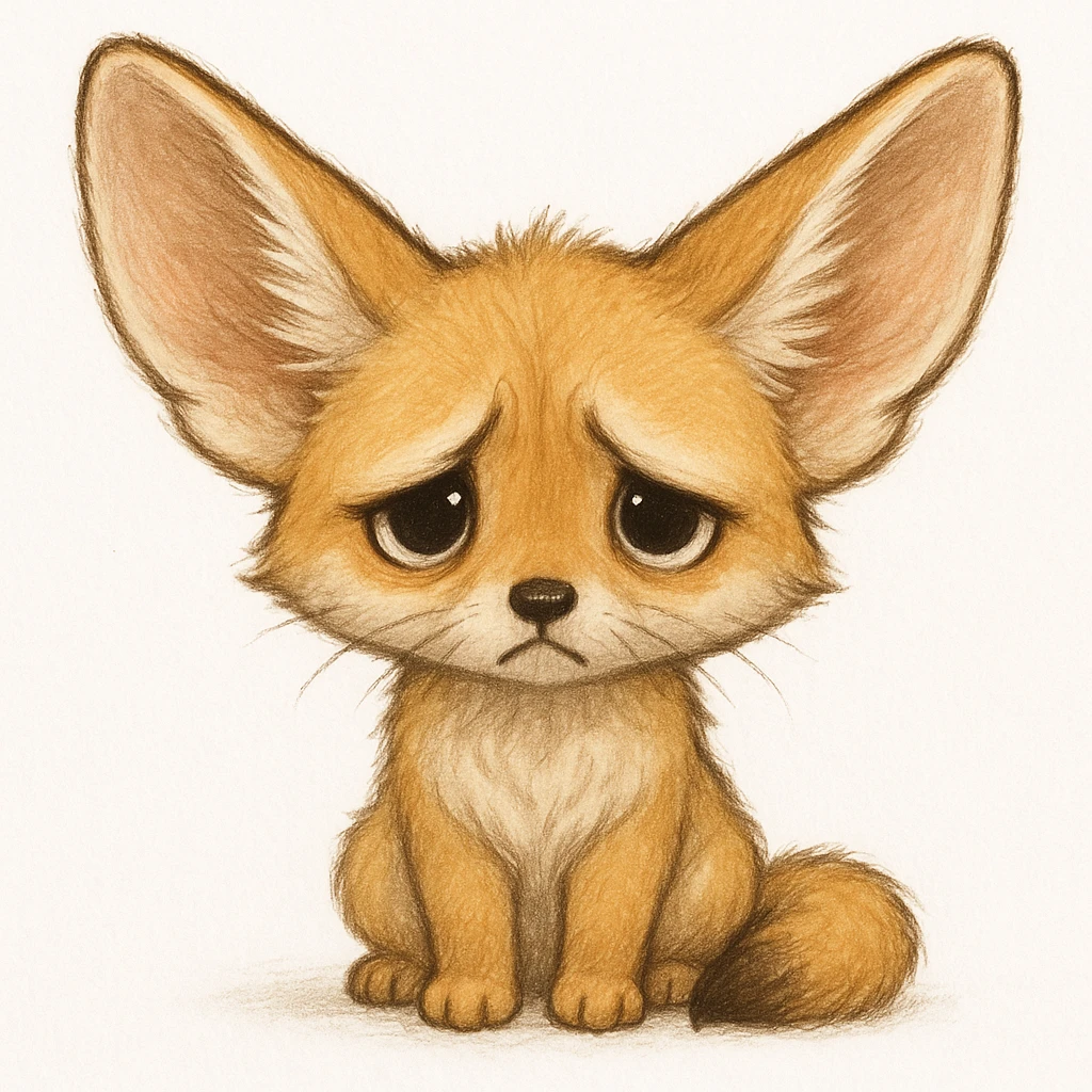 Creation by chibi: Adorable Fennec Fox illustration, SD character, Sad Expression, White Background