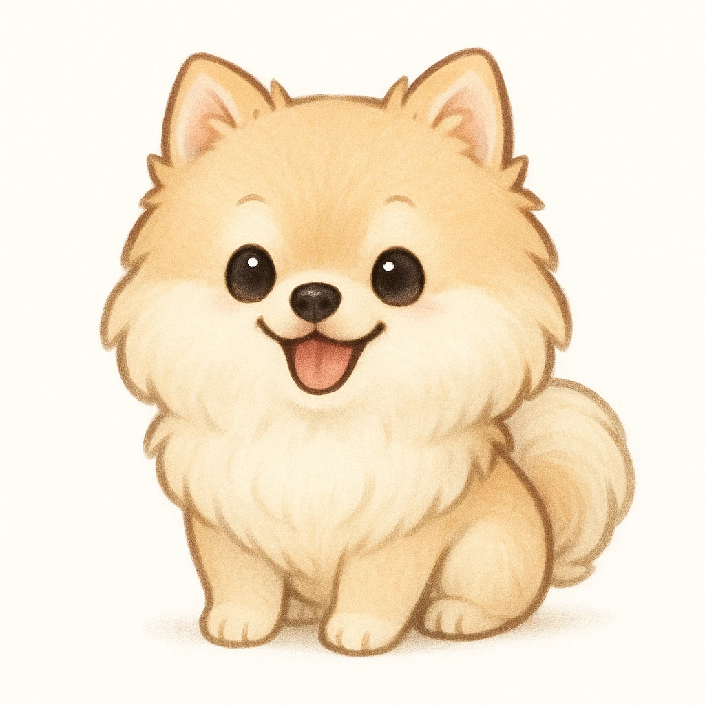 Creation by chibi: Adorable Cream Pomeranian illustration, SD character, Happy Expression, White Background