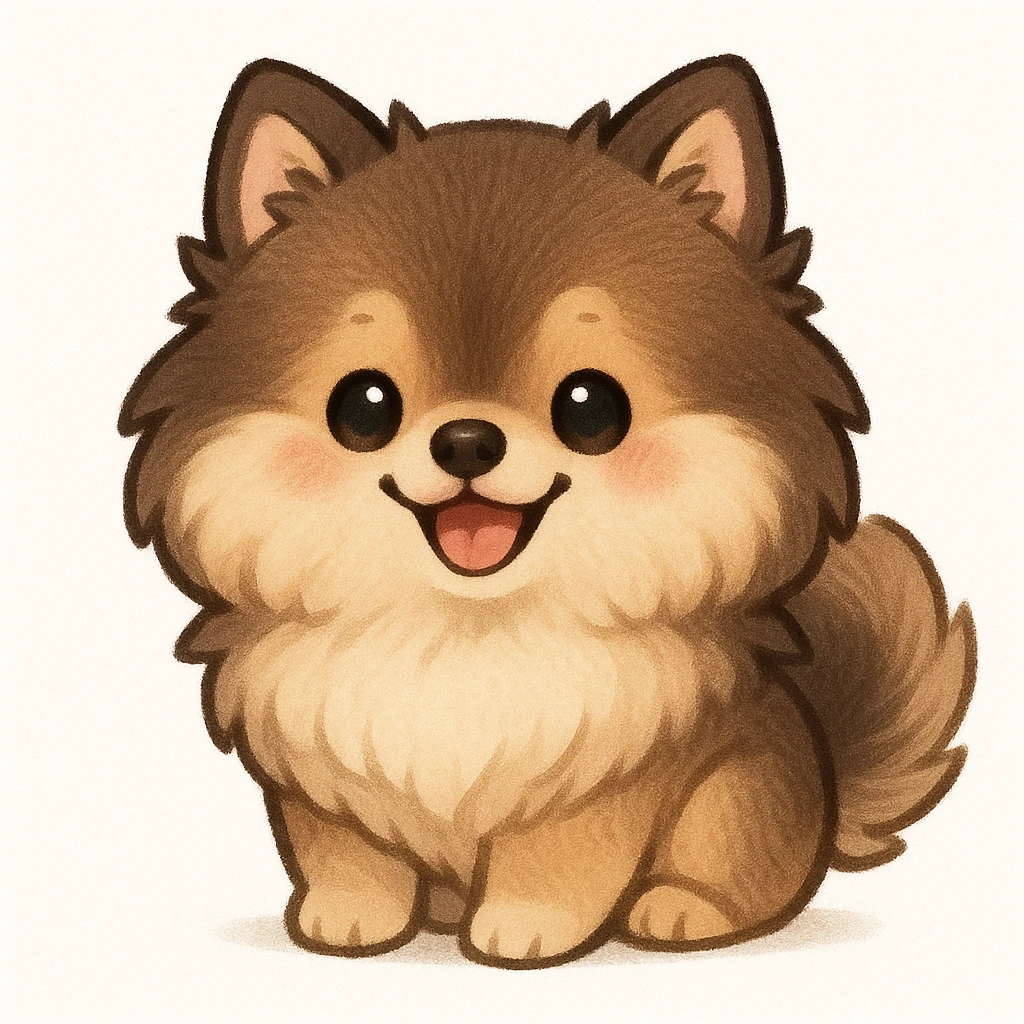 Creation by chibi: Adorable Sable Pomeranian illustration, SD character, Happy Expression, White Background