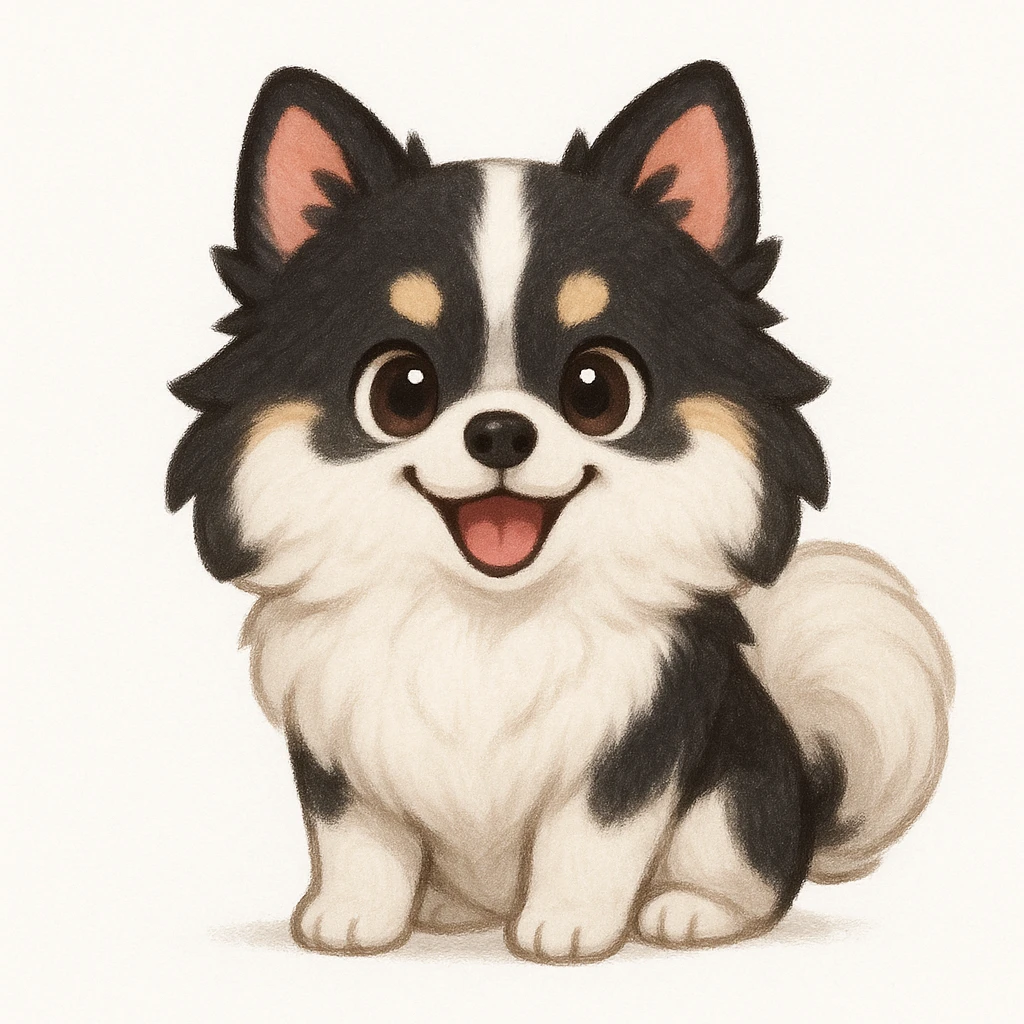 Creation by chibi: Adorable Parti Pomeranian illustration, SD character, Happy Expression, White Background