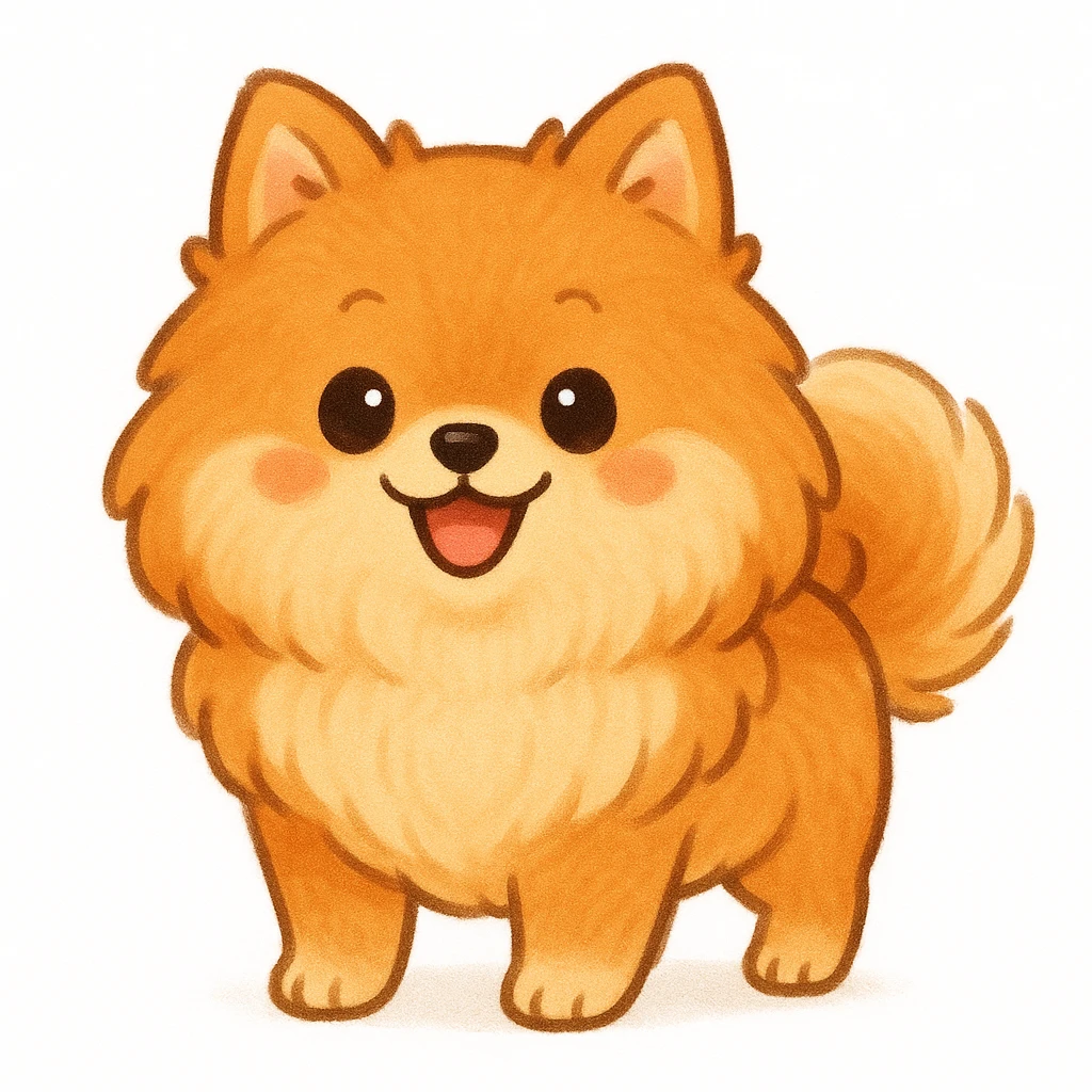 Creation by chibi: Adorable Orange Pomeranian illustration, SD character, Happy Expression, White Background