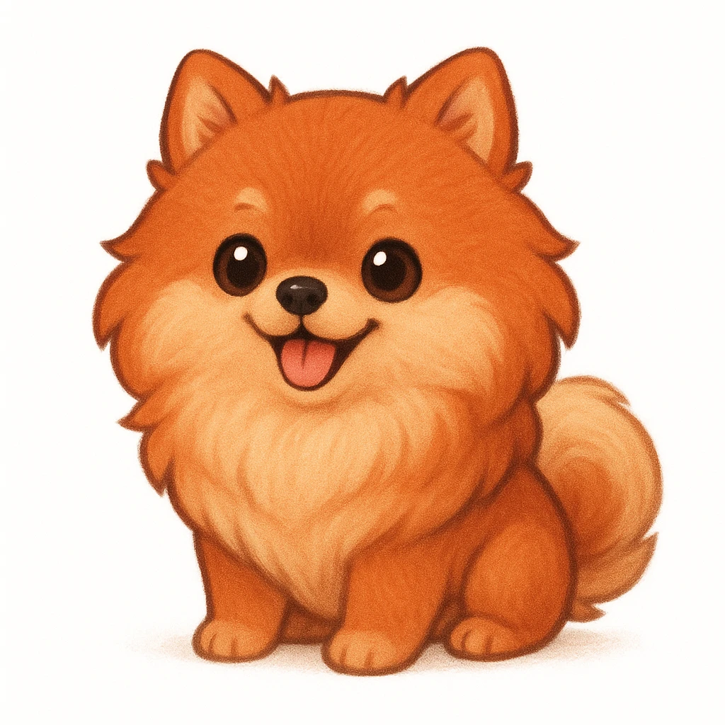 Creation by chibi: Adorable Red Pomeranian illustration, SD character, Happy Expression, White Background