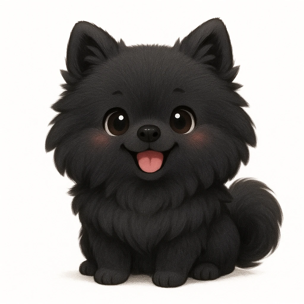 Creation by chibi: Adorable Black Pomeranian illustration, SD character, Happy Expression, White Background