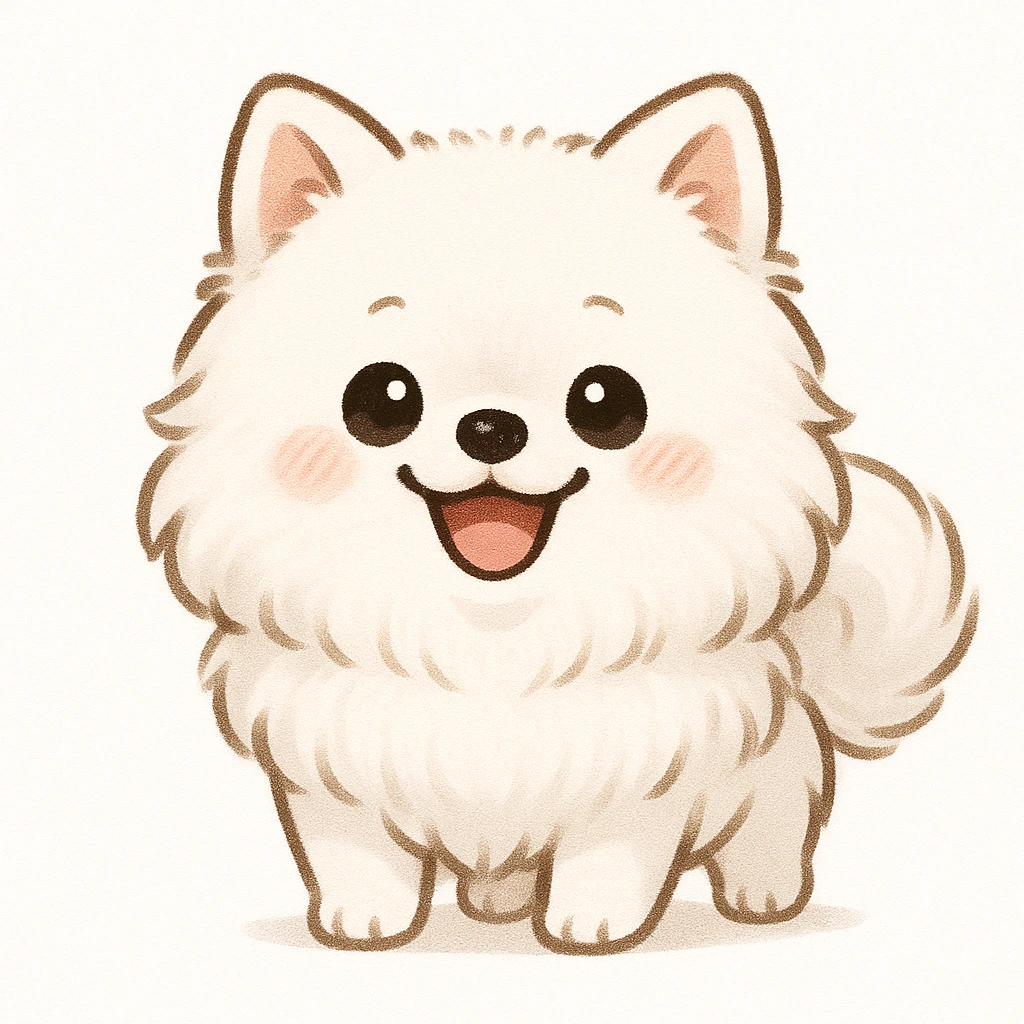 Creation by chibi: Adorable White Pomeranian illustration, SD character, Happy Expression, White Background