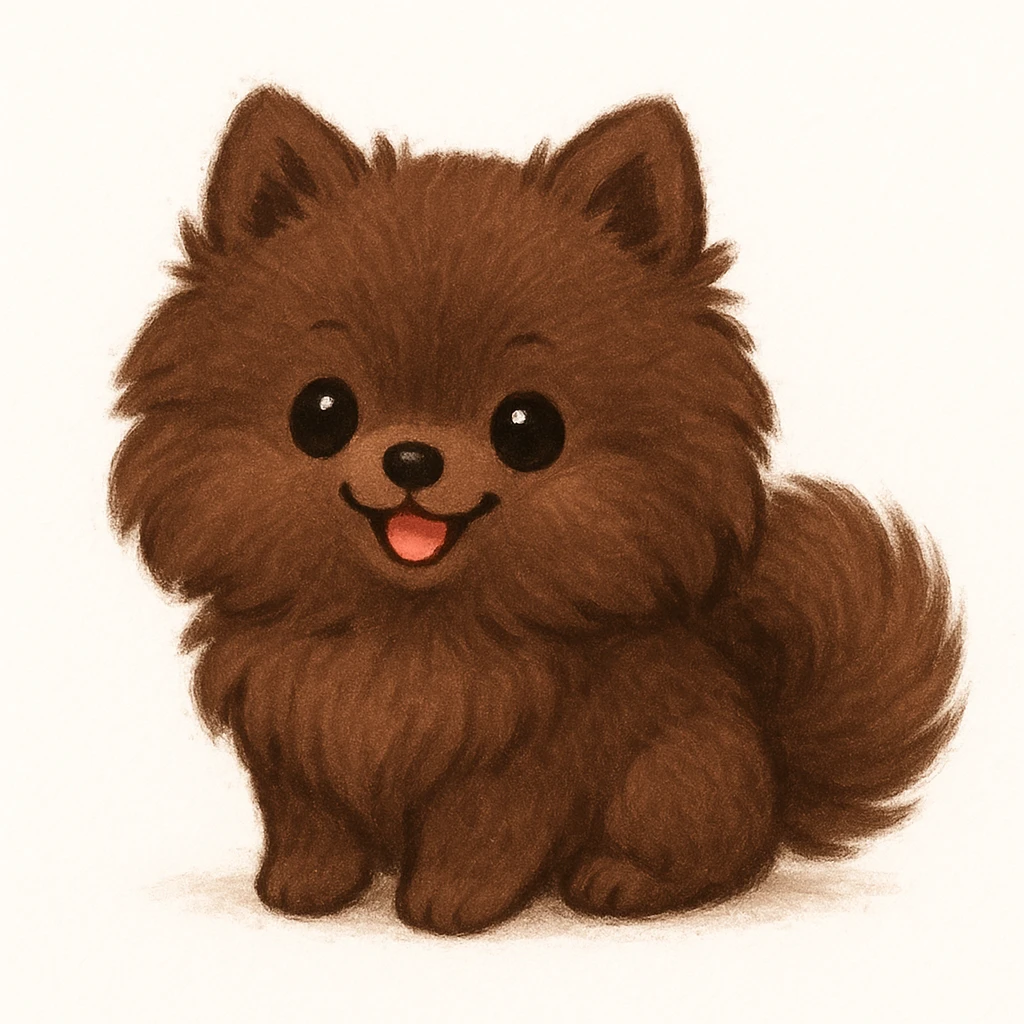 Creation by chibi: Adorable Chocolate Pomeranian illustration, SD character, Happy Expression, White Background