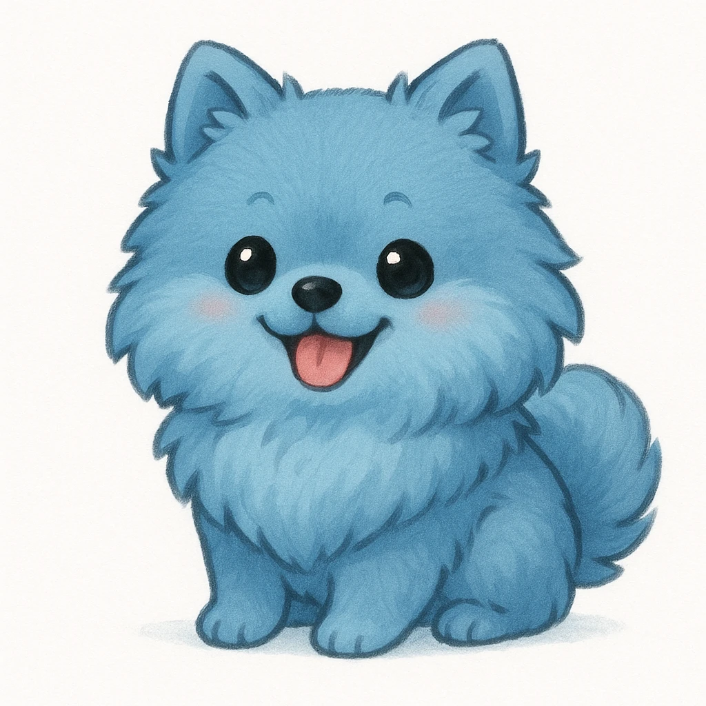Creation by chibi: Adorable Blue Pomeranian illustration, SD character, Happy Expression, White Background