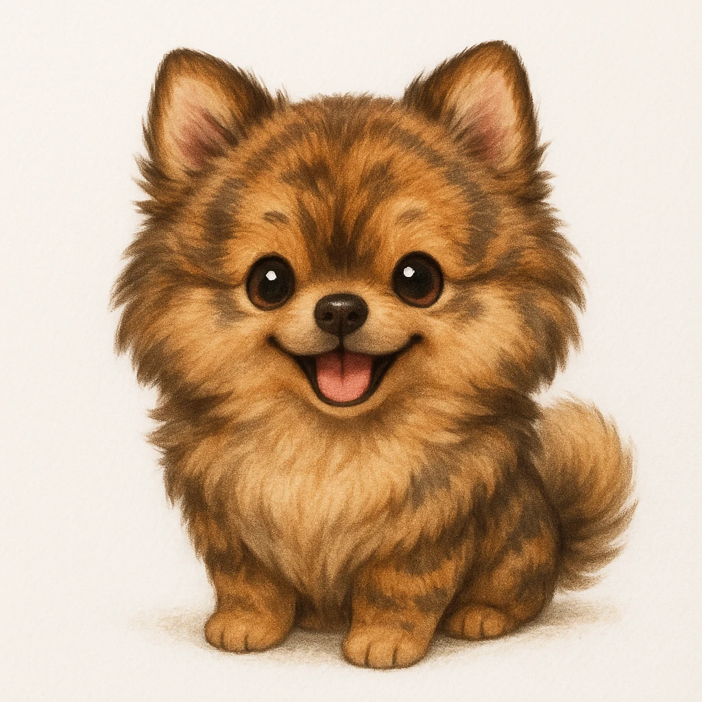 Creation by chibi: Adorable Brindle Pomeranian illustration, SD character, Happy Expression, White Background