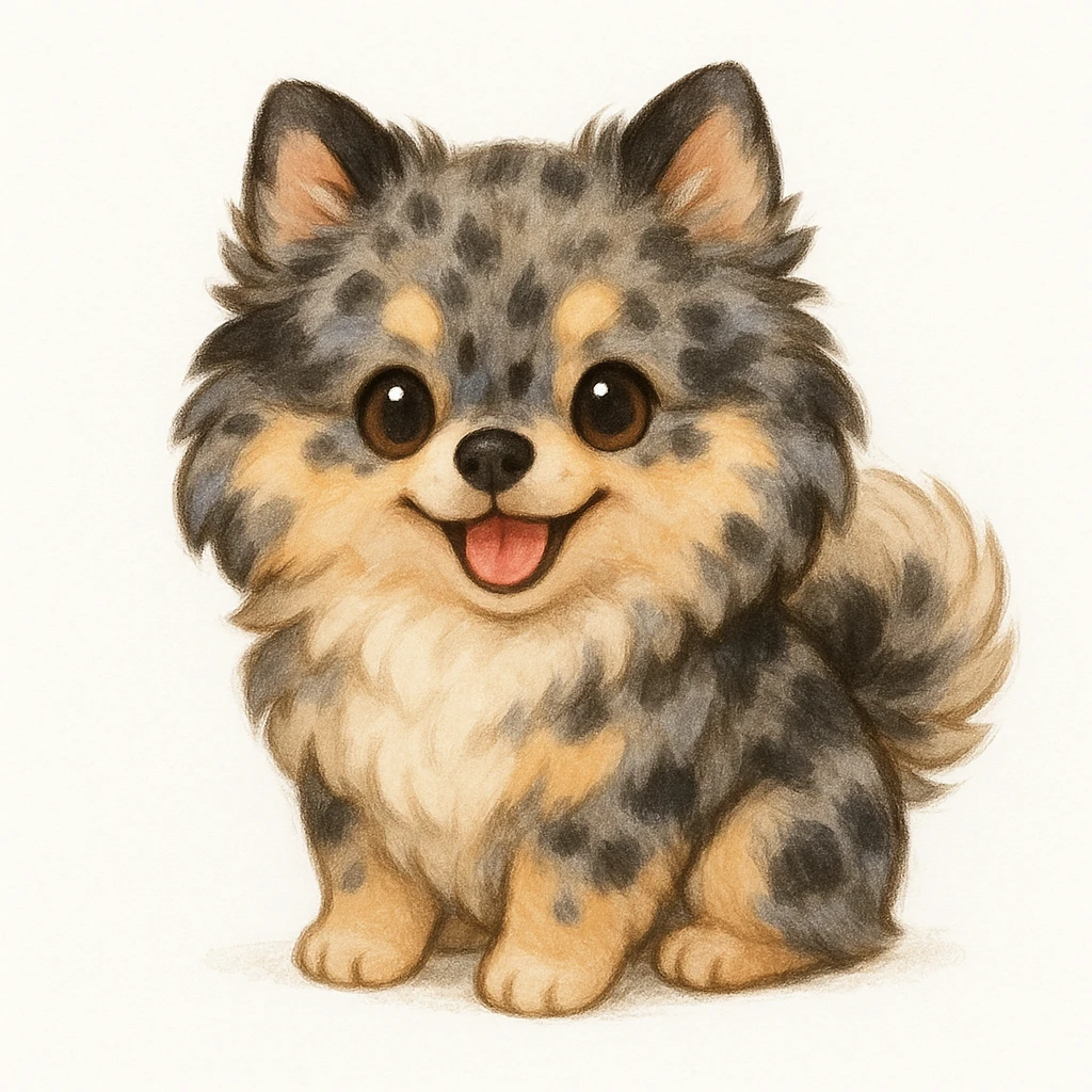 Creation by chibi: Adorable Merle Pomeranian illustration, SD character, Happy Expression, White Background