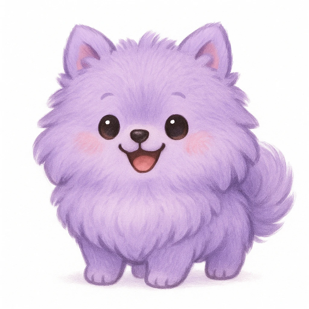 Creation by chibi: Adorable Lavender Pomeranian illustration, SD character, Happy Expression, White Background