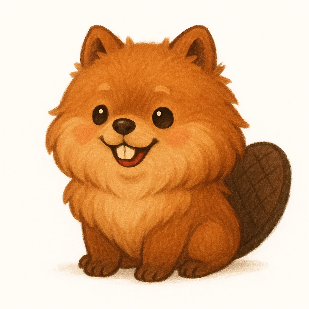 Creation by chibi: Adorable Beaver Pomeranian illustration, SD character, Happy Expression, White Background