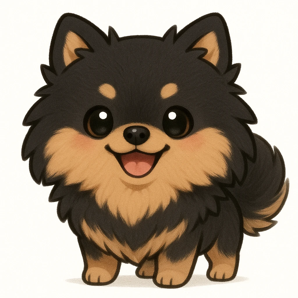 Creation by chibi: Adorable Black and Tan Pomeranian illustration, SD character, Happy Expression, White Background