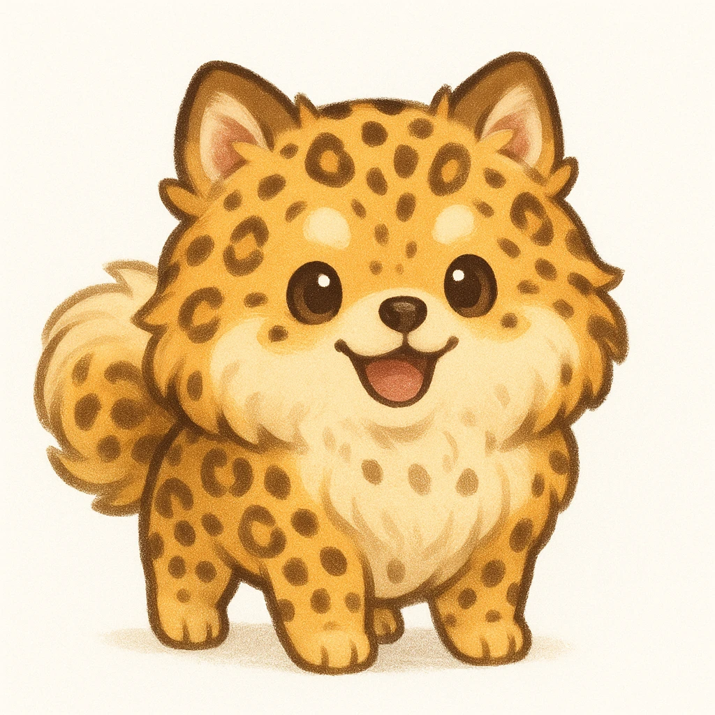 Creation by chibi: Adorable Leopard Pomeranian illustration, SD character, Happy Expression, White Background