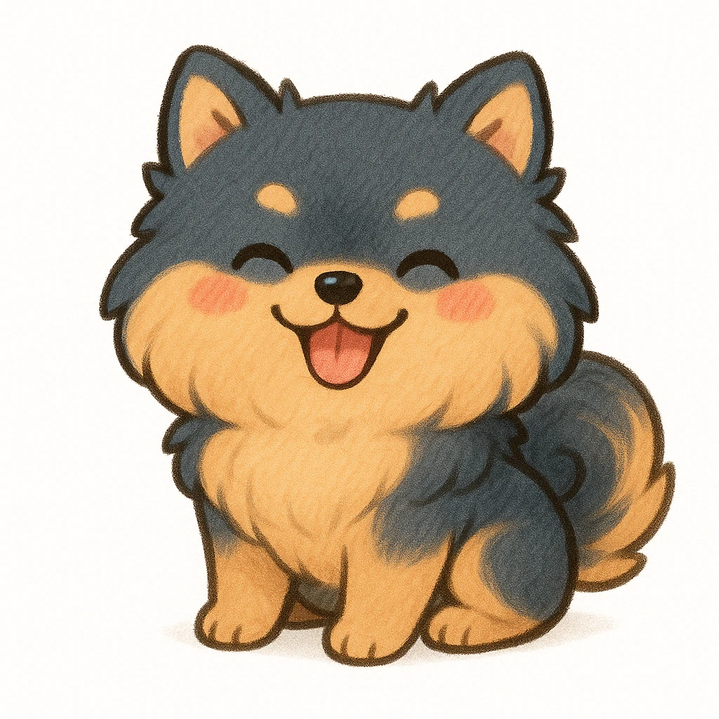 Creation by chibi: Adorable Blue and Tan Pomeranian illustration, SD character, Happy Expression, White Background
