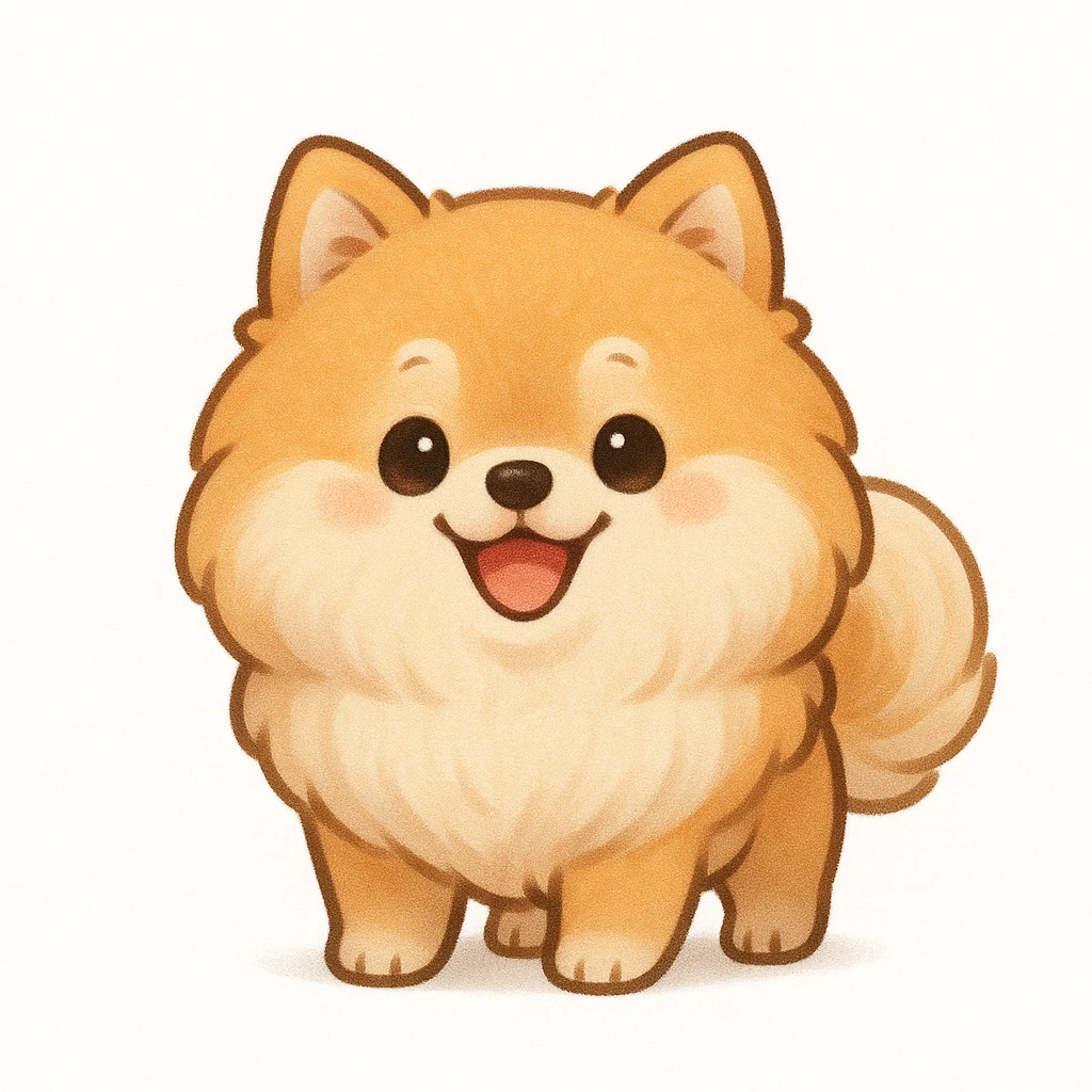 Creation by chibi: Adorable Pomeranian illustration, SD character, Happy Expression, White Background