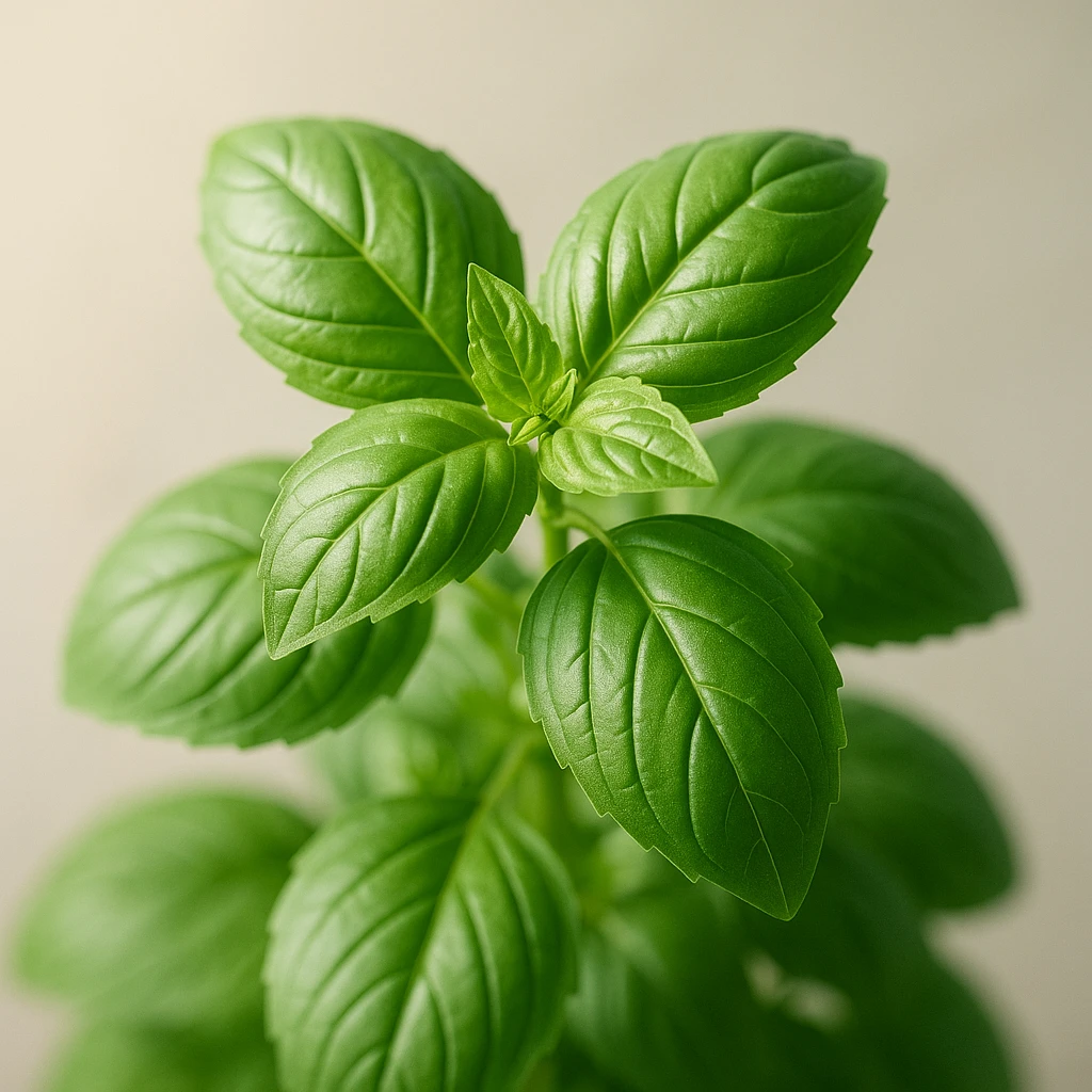 Creation by plants.im: A square-format high-resolution photograph of a sweet basil plant (Ocimum basilicum), bright green leaves with subtle veins, natural soft sunlight and shallow depth of field, crisp detail on leaves, simple neutral background