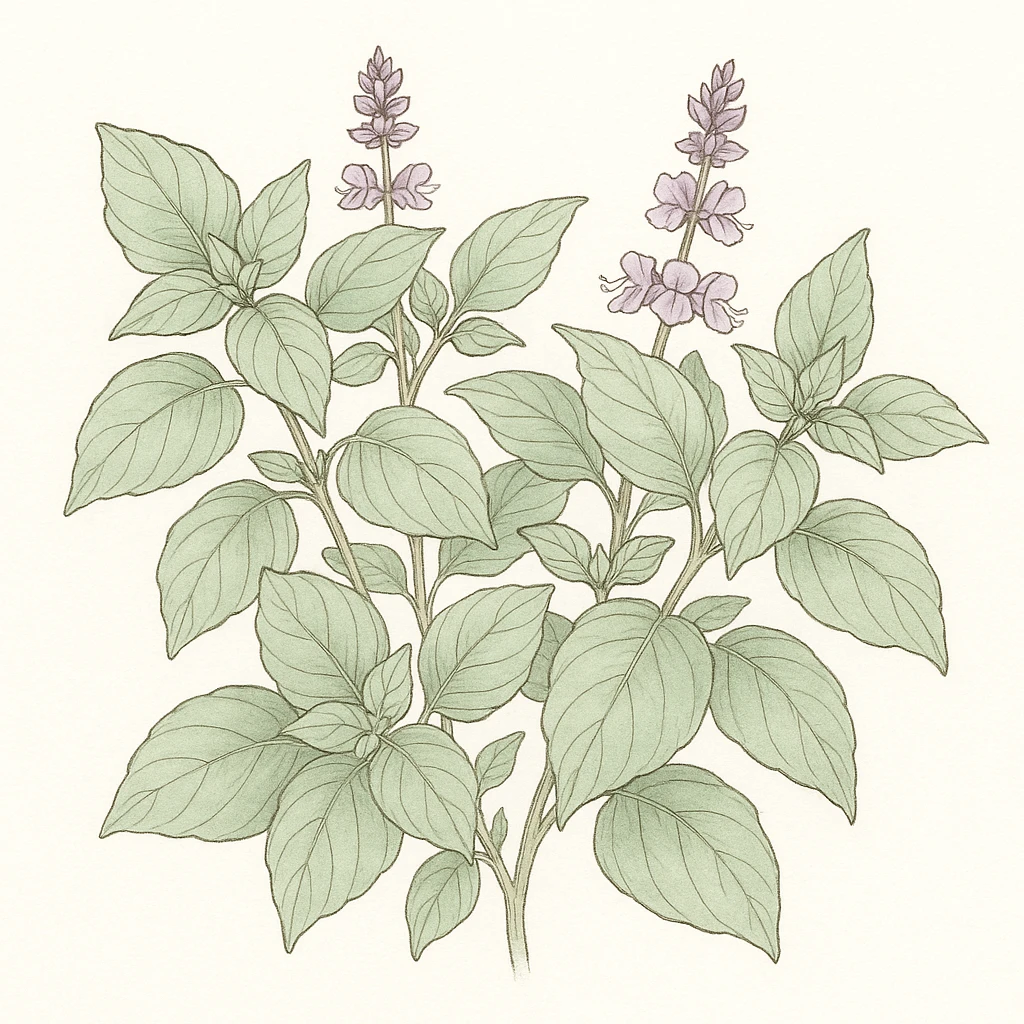 Creation by 아임플랜츠: A square botanical illustration of sweet basil, finely detailed line art with soft watercolor fills, showing clusters of leaves and stems, delicate shading, pastel green and light purple accents, clean white background
