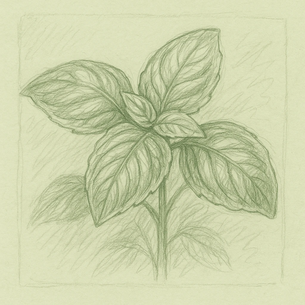Creation by plants.im: A square pencil sketch of sweet basil plant, loose expressive strokes, focus on leaf texture and veins, minimal shading, monochrome or light green tint, simple composition centered in frame