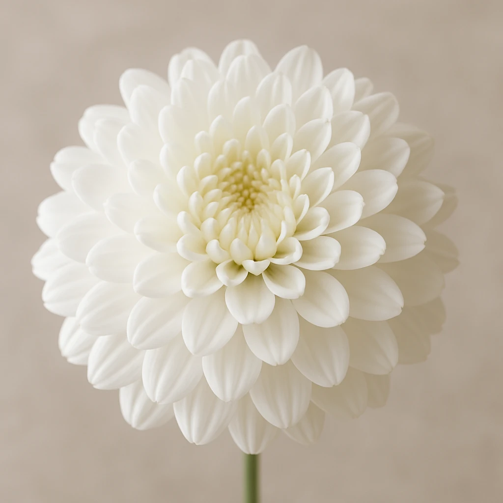 Creation by plants.im: A high-resolution square photo of a pristine white chrysanthemum in full bloom, soft natural lighting, shallow depth of field, crisp petals and delicate texture, on a neutral background, 1:1 aspect ratio, ultra realistic.
