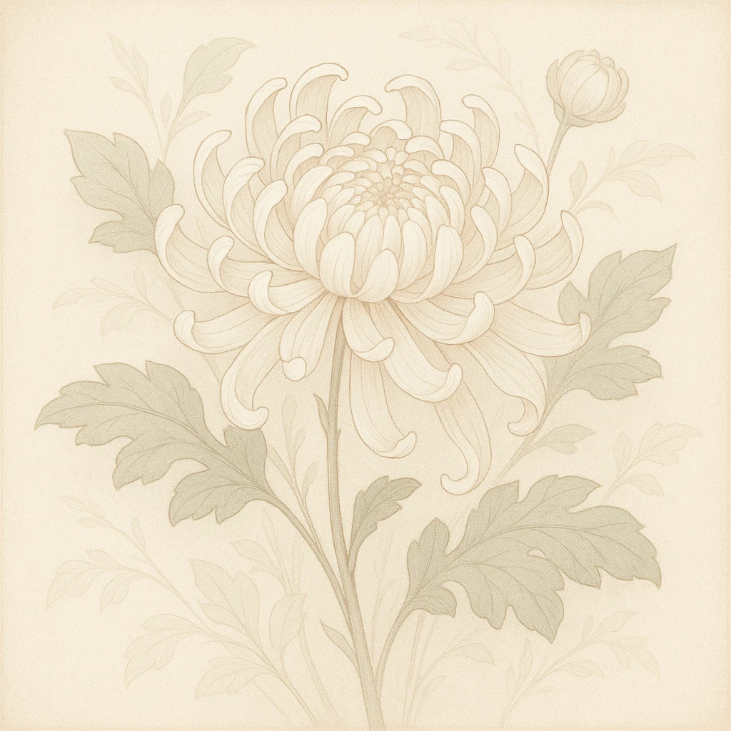 Creation by 아임플랜츠: A square-format illustration of a white chrysanthemum, elegant and stylized, soft pastel tones, delicate lines and floral details, gentle shading, botanical art style, 1:1 aspect ratio.
