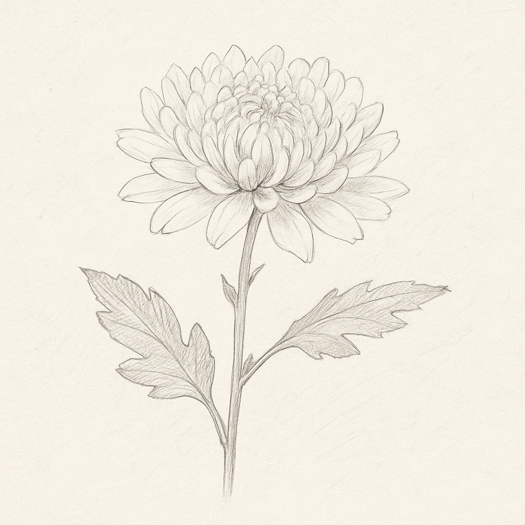 Creation by plants.im: A square sketch of a white chrysanthemum, pencil or ink line drawing, minimalistic botanical sketch, visible strokes, subtle shading, monochrome or light gray tones, 1:1 aspect ratio.