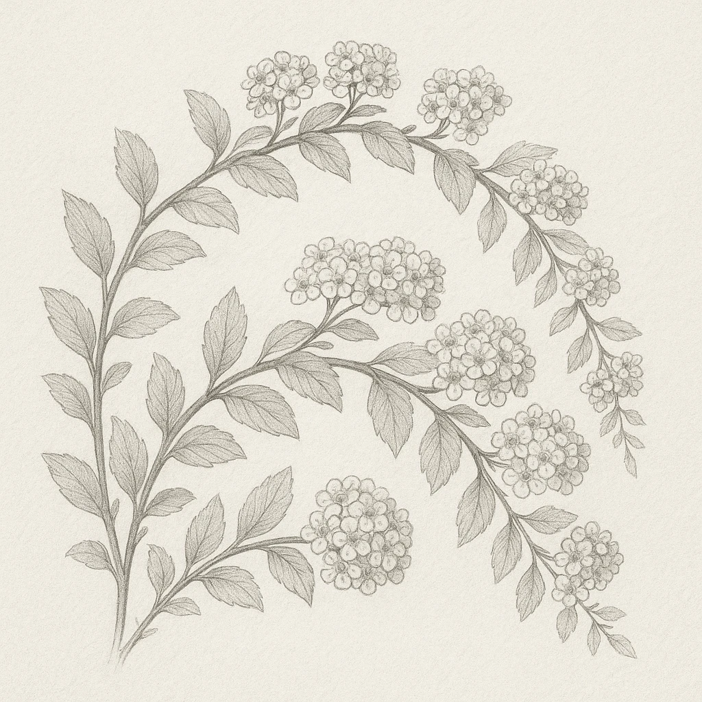 Creation by plants.im: A square monochrome pencil sketch of bridal wreath spirea (Spiraea prunifolia), emphasizing the arching stems, fine leaf texture, and clusters of tiny flowers, drawn on lightly textured paper with soft shading, classic botanical study style, no color.