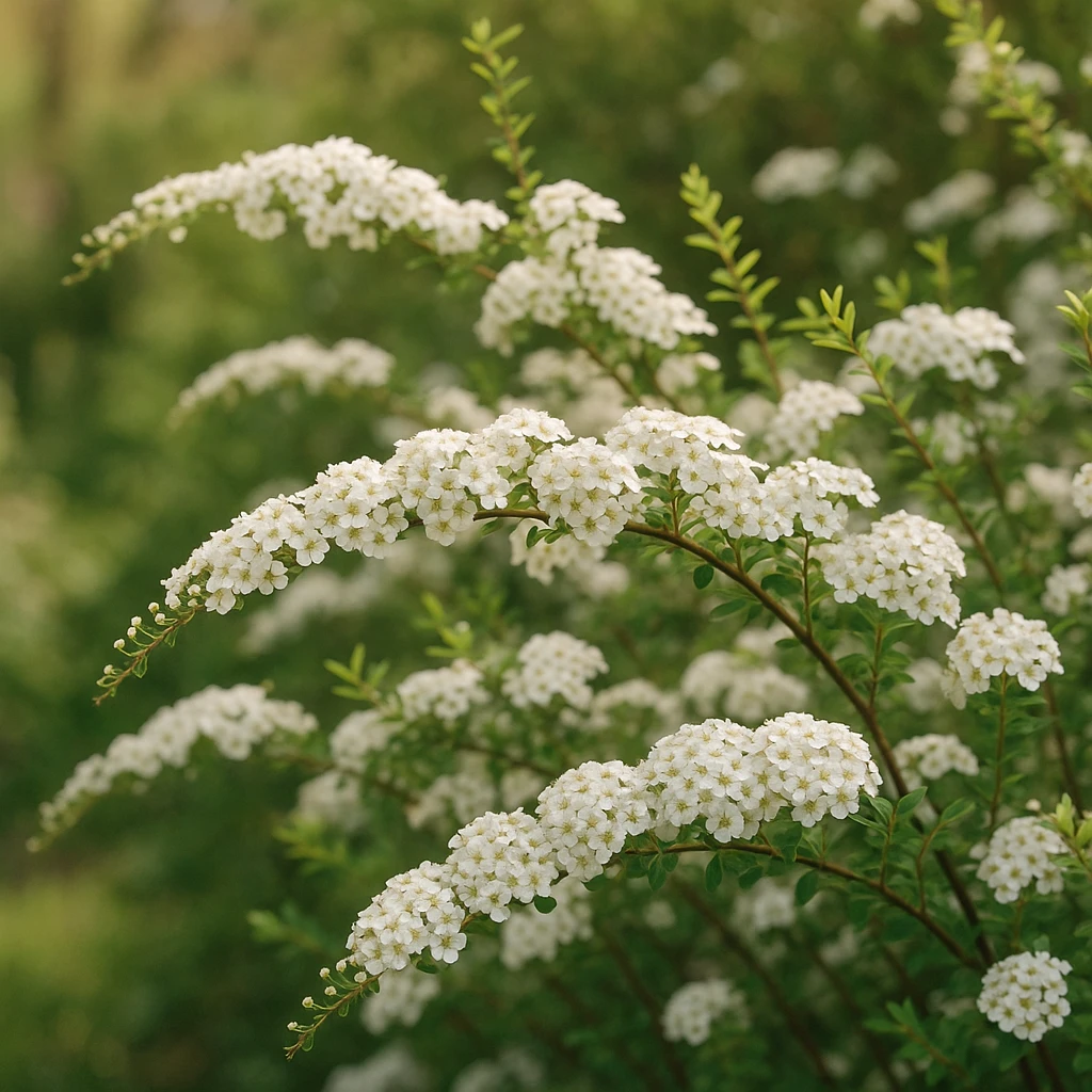 Creation by 아임플랜츠: A realistic square photograph of bridal wreath spirea (Spiraea prunifolia) in full bloom, showing arching green branches densely covered with clusters of small white flowers under soft spring sunlight, natural garden background, high detail, no people, no text.