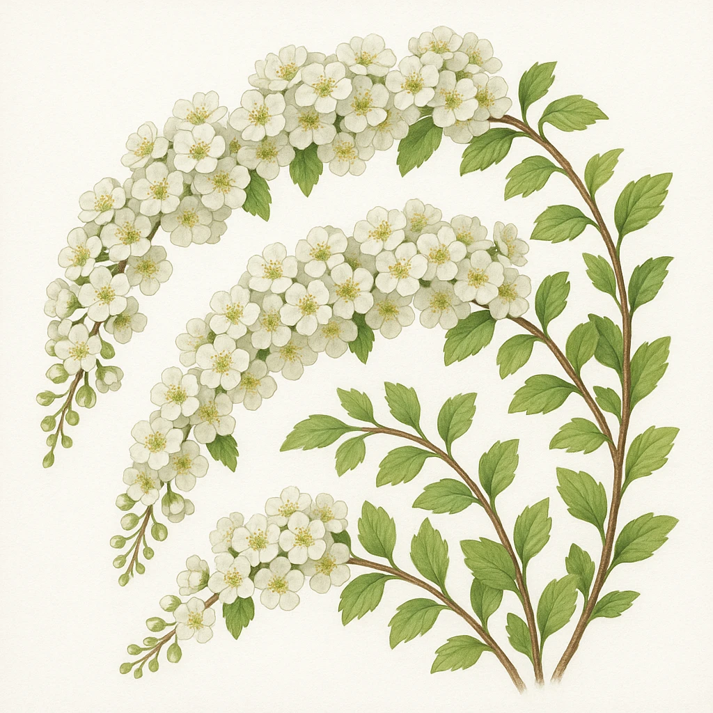 Creation by 아임플랜츠: A detailed square botanical watercolor illustration of bridal wreath spirea (Spiraea prunifolia), showing gracefully curved stems with dense clusters of pure white blossoms and small green leaves, traditional botanical art style on a clean white background, no text overlay.