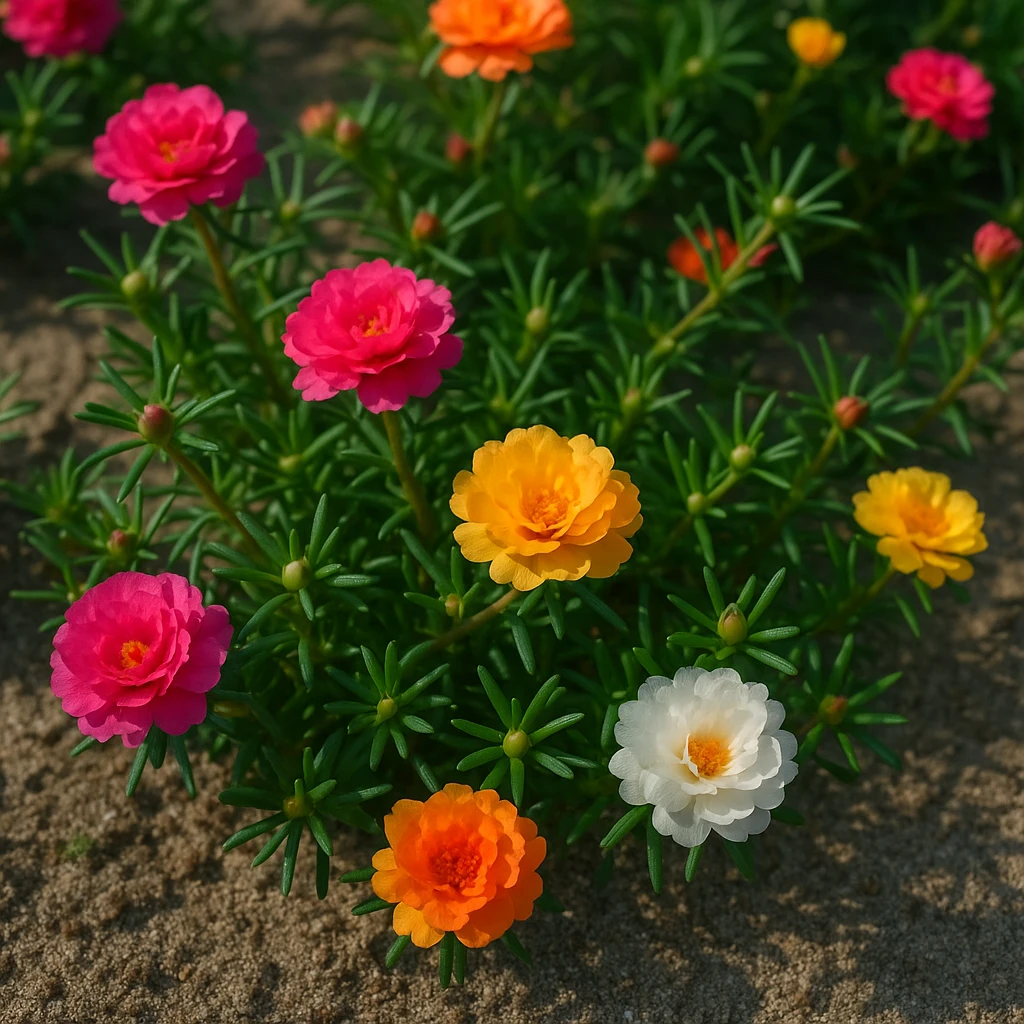 Creation by 아임플랜츠: A square realistic photograph of moss rose (Portulaca grandiflora) blooming in bright sunlight, showing colorful double-layered flowers in shades of pink, orange, yellow, and white among fleshy green leaves, planted in sandy soil, captured with soft natural light, high detail, no text, no watermark.