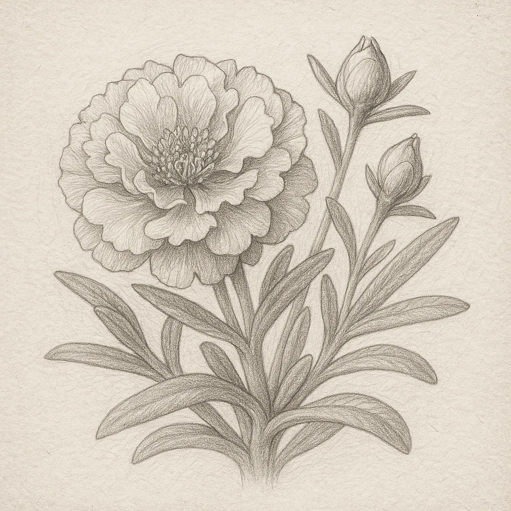 Creation by 아임플랜츠: A square monochrome pencil sketch of moss rose (Portulaca grandiflora) showing intricate petal structure, buds, and thick leaves drawn on textured paper, classic botanical study style with delicate shading and fine lines, hand-drawn appearance, no color.