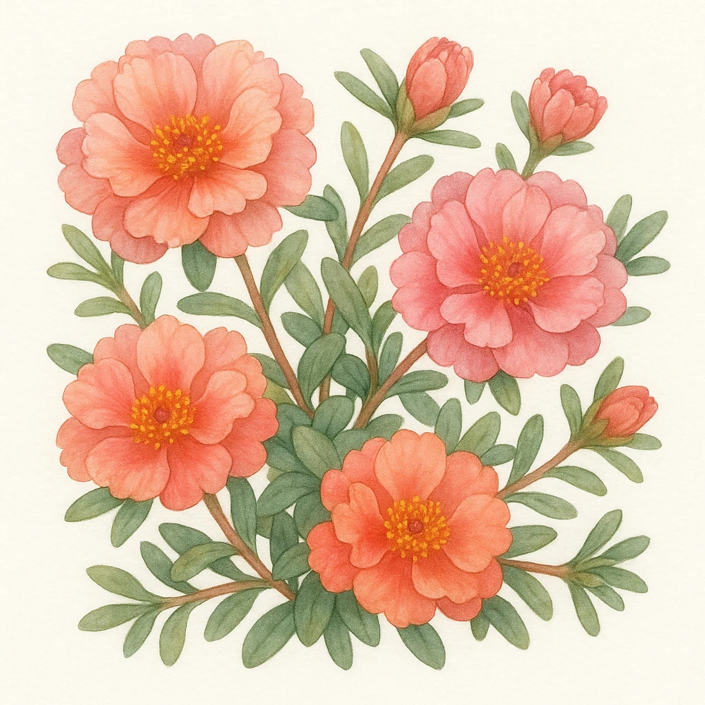 Creation by plants.im: A detailed square botanical watercolor illustration of moss rose (Portulaca grandiflora), depicting clusters of vivid blossoms and thick succulent leaves on low spreading stems, traditional botanical art style on a clean white background, soft pastel tones, no text overlay.