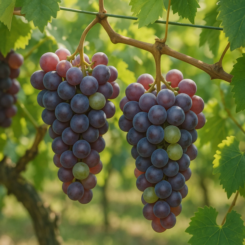 Creation by plants.im: A square realistic photograph of ripe grape clusters (Vitis vinifera) hanging from green vines under soft sunlight, showing translucent purple and green berries with natural bloom and fine details, captured in a vineyard setting, no people, no text, natural lighting and high detail.