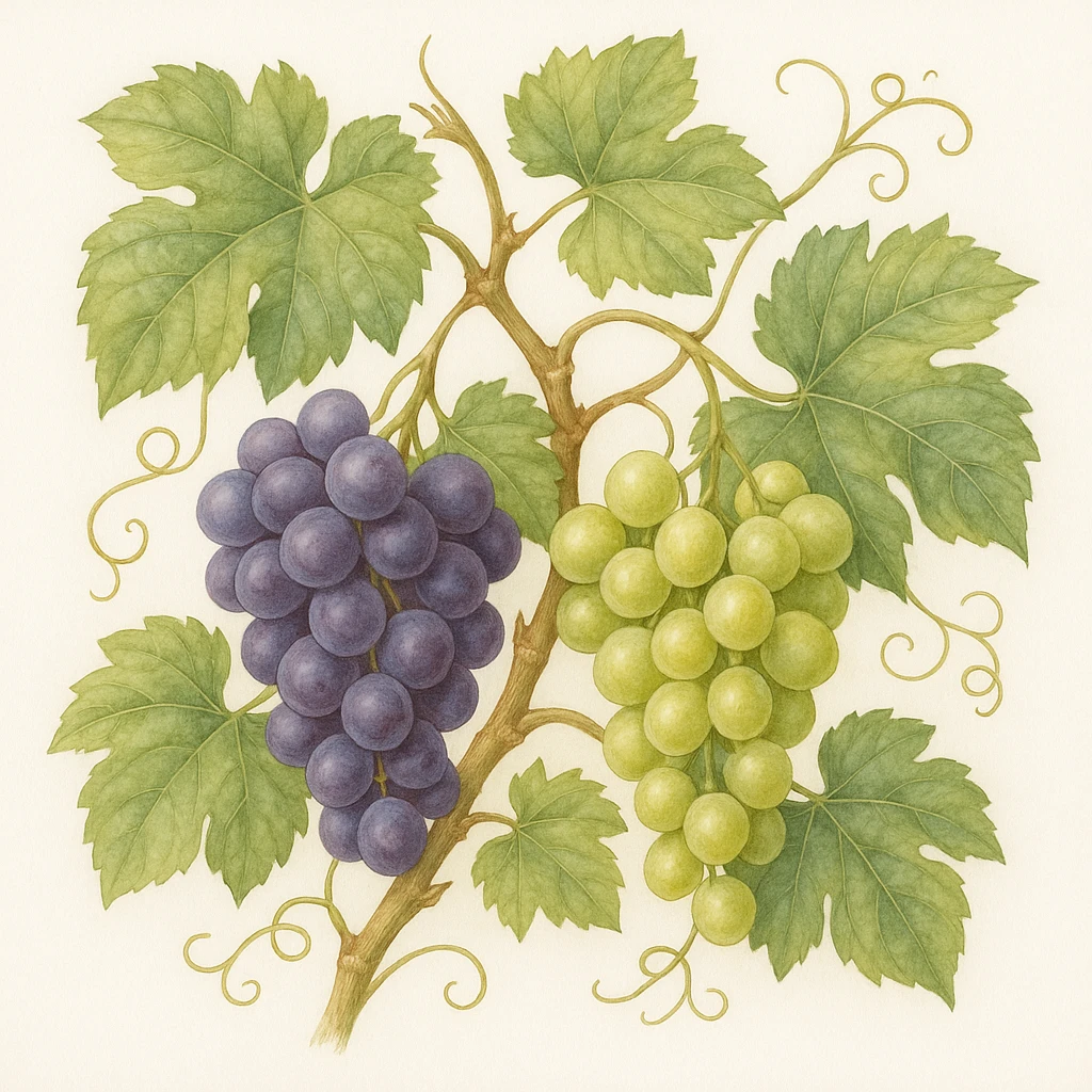 Creation by plants.im: A square botanical watercolor illustration of grapevines with clusters of purple and green grapes, broad green leaves, and curling tendrils, painted in traditional botanical art style on a clean white background, soft natural colors, delicate shading, no text or labels.