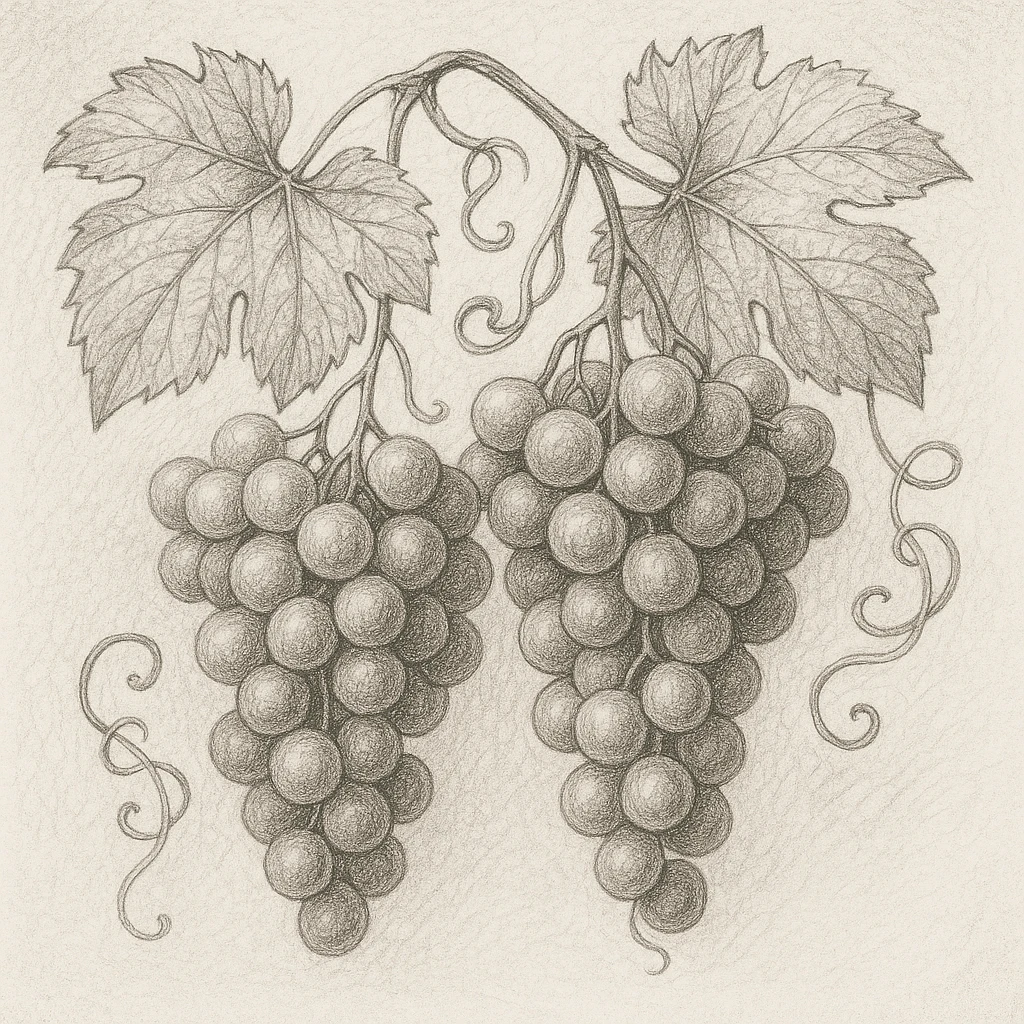 Creation by 아임플랜츠: A square monochrome pencil sketch of grape clusters and leaves drawn on textured paper, focusing on the texture of the grapes, leaf veins, and coiling tendrils, detailed line work and soft shading in a classic botanical study style, no color, hand-drawn appearance.
