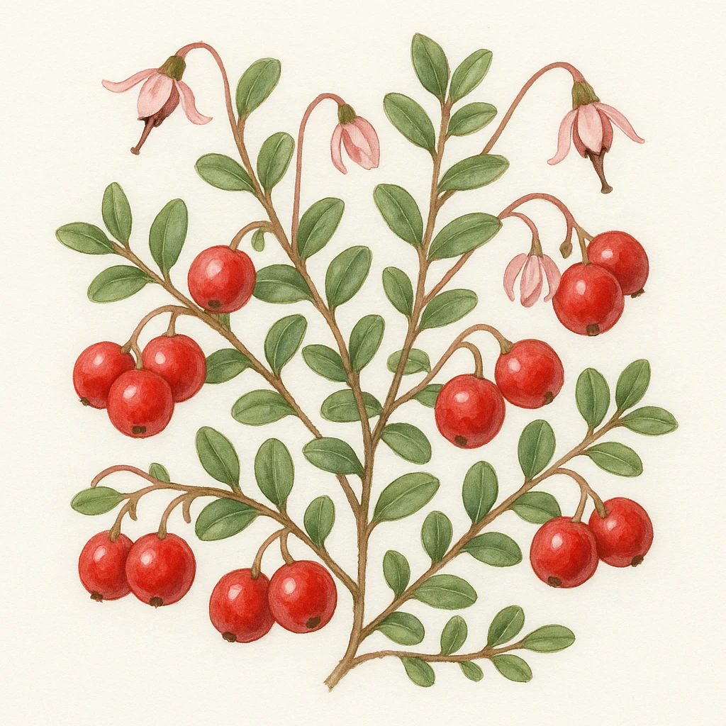 Creation by 아임플랜츠: A square botanical watercolor illustration of small cranberry (Vaccinium oxycoccos) with slender creeping stems, small glossy green leaves, pink reflexed flowers, and clusters of bright red berries, traditional botanical art style on a clean white background, soft colors, detailed and natural composition, no labels.