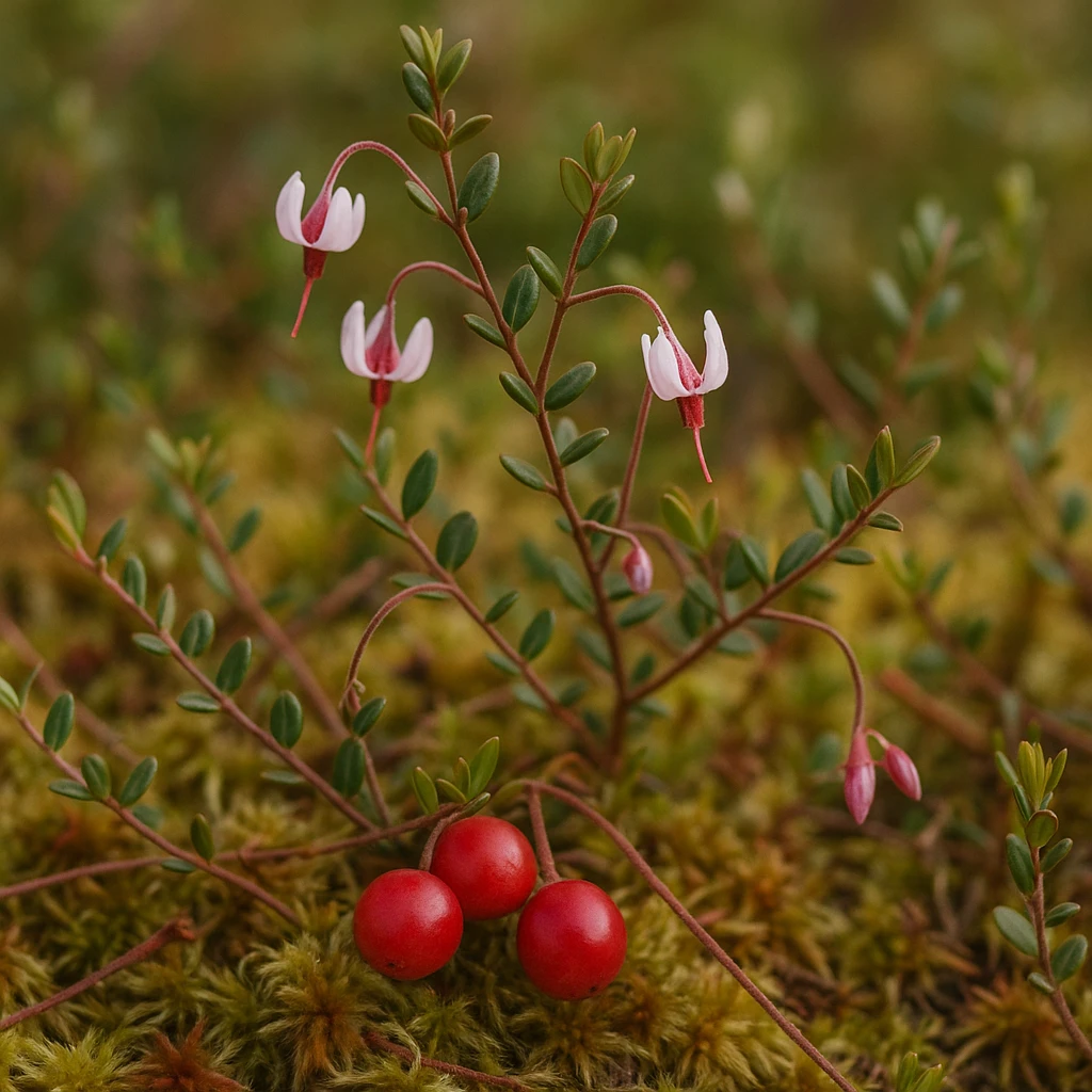 Creation by 아임플랜츠: A square realistic photograph of small cranberry (Vaccinium oxycoccos) growing in a northern bog, showing slender trailing stems with tiny oval leaves, delicate pink nodding flowers, and red berries nestled among moss, captured in soft natural daylight, high detail, no people, no text, natural background.