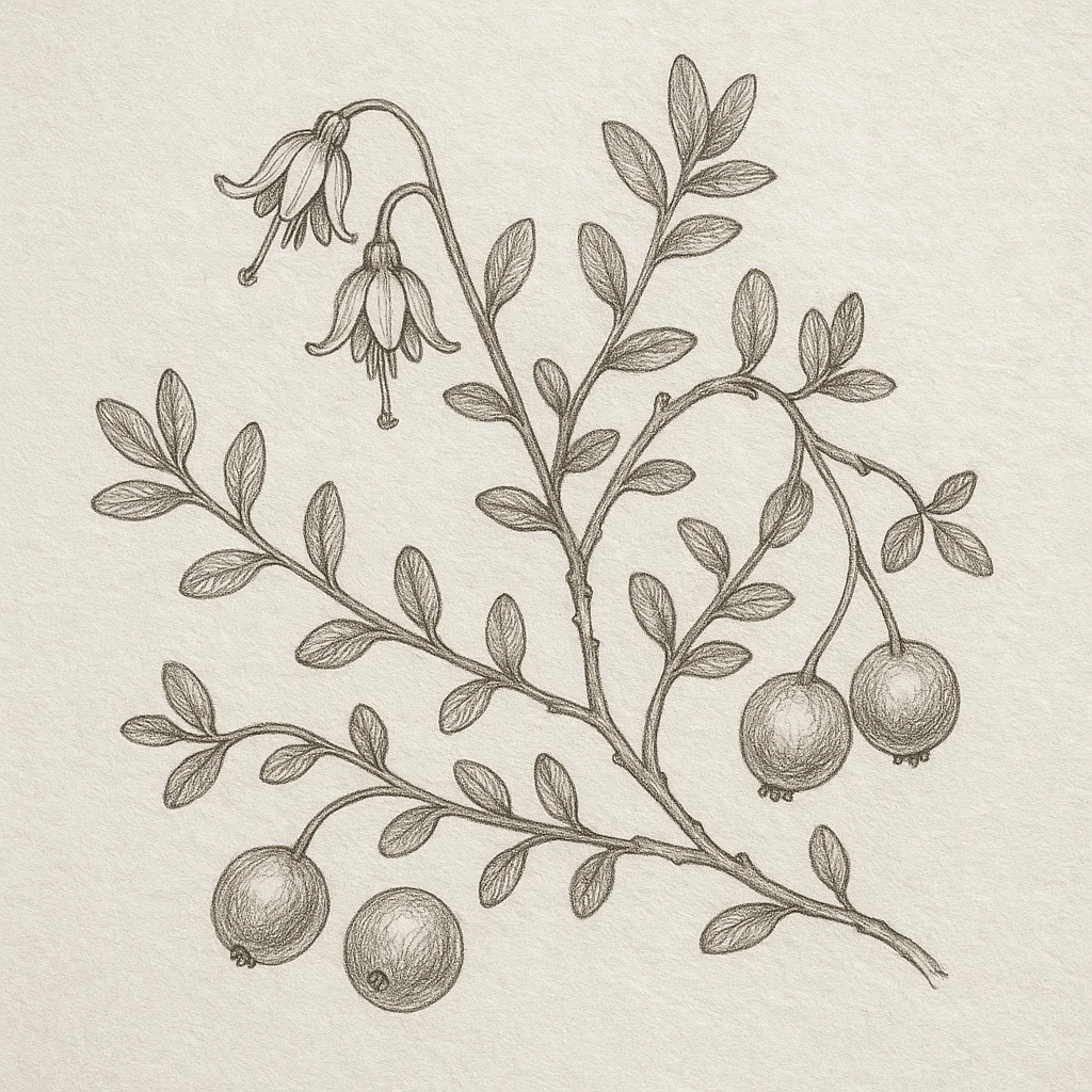 Creation by 아임플랜츠: A square monochrome pencil sketch of small cranberry (Vaccinium oxycoccos), depicting fine trailing stems, small leaves, bell-shaped flowers, and rounded berries, drawn with fine line work and subtle shading on textured paper, classic botanical study style, hand-drawn appearance, no color, no text.