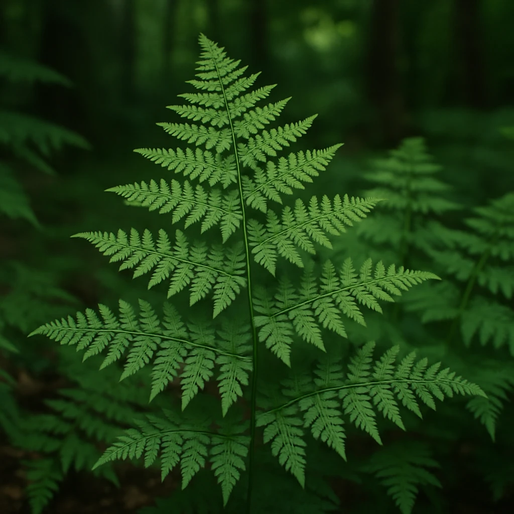 Creation by plants.im: A square realistic photograph of common bracken (Pteridium aquilinum var. latiusculum), showing large triangular fronds with finely divided leaflets, captured in a shaded forest setting with soft natural daylight, gentle depth of field, vivid green tones, clean natural background, no text.
