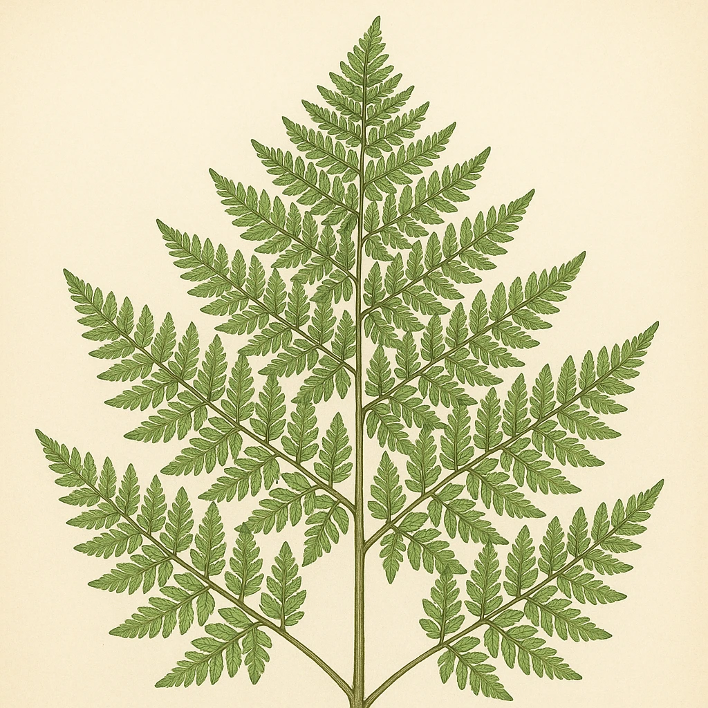 Creation by plants.im: A square botanical illustration of common bracken (Pteridium aquilinum var. latiusculum), depicting broad triangular fronds with detailed pinnate divisions, arranged in a balanced composition with natural green hues, clean light background, hand-drawn look without any text.