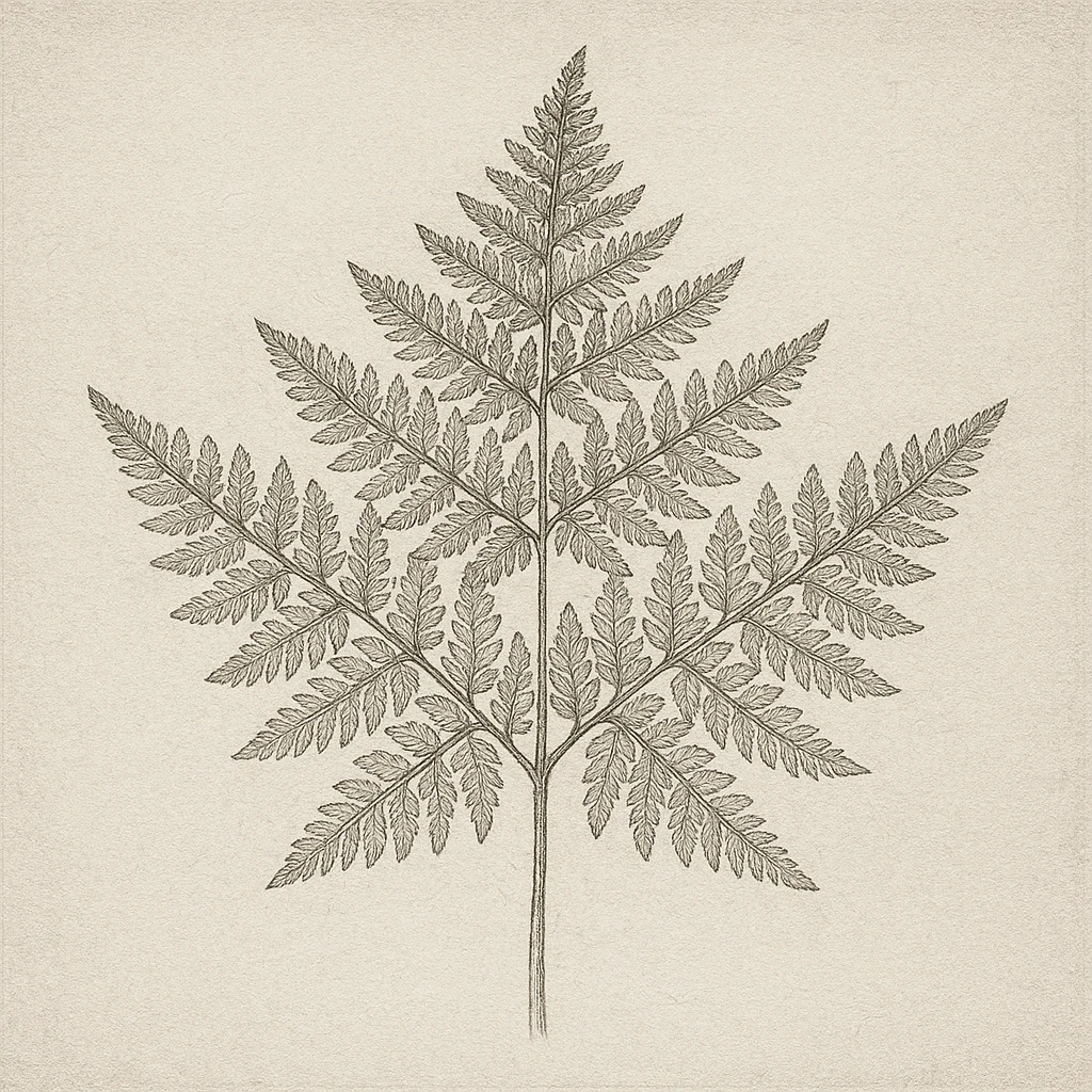 Creation by plants.im: A square pencil and ink sketch of common bracken (Pteridium aquilinum var. latiusculum), focusing on the layered triangular fronds and delicate leaflet patterns, monochrome botanical study with fine hatching on textured paper, calm naturalist drawing style, no text.