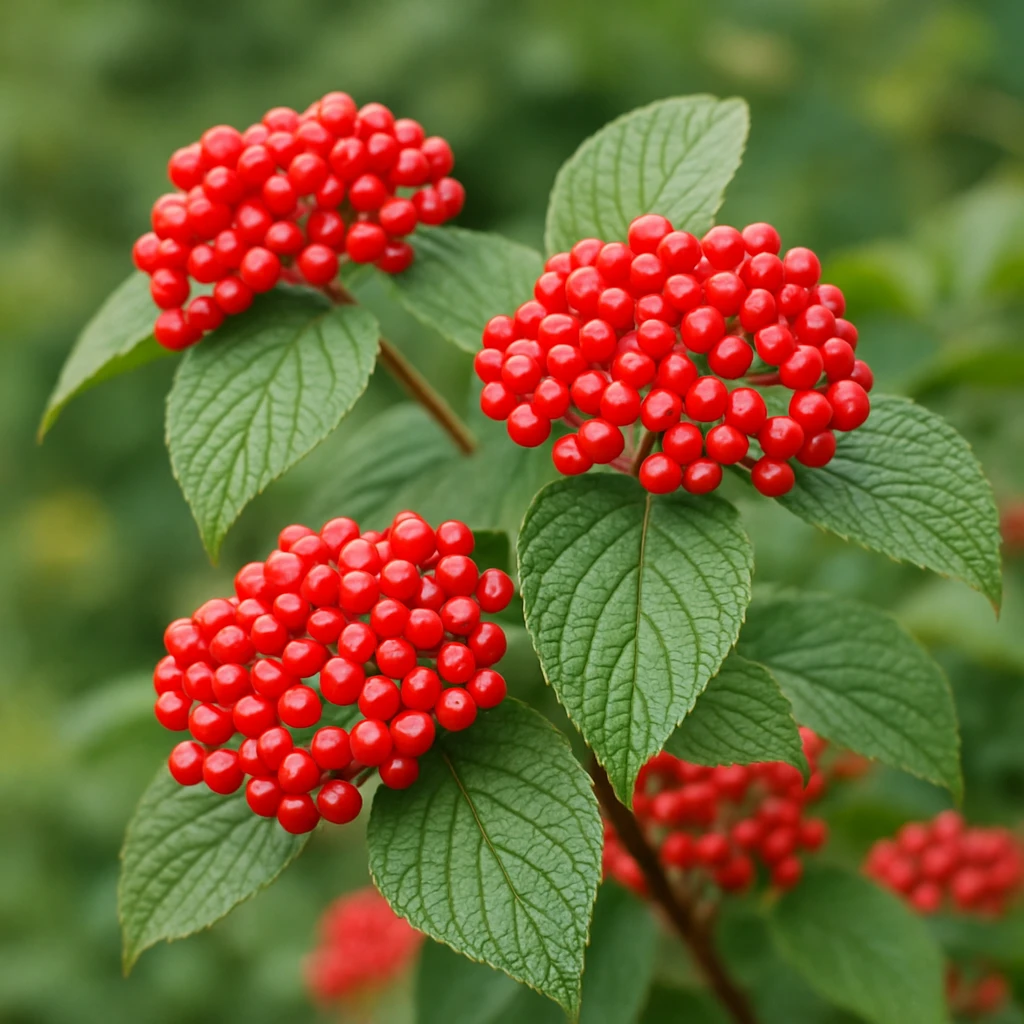 Creation by 아임플랜츠: A square realistic photograph of a Linden Viburnum (Viburnum dilatatum), showing clusters of bright red drupes and broad textured green leaves, captured in soft natural daylight with gentle depth of field, clean botanical outdoor background, no text.