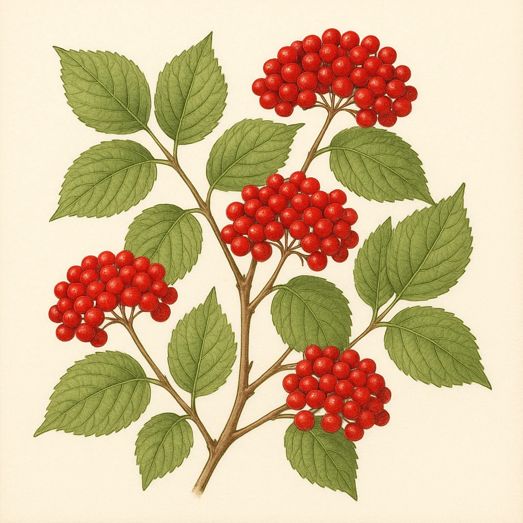 Creation by plants.im: A square botanical illustration of a Linden Viburnum (Viburnum dilatatum), depicting vivid red berry clusters and oval serrated green leaves in a balanced hand-drawn composition, natural colors, light neutral background, no text.