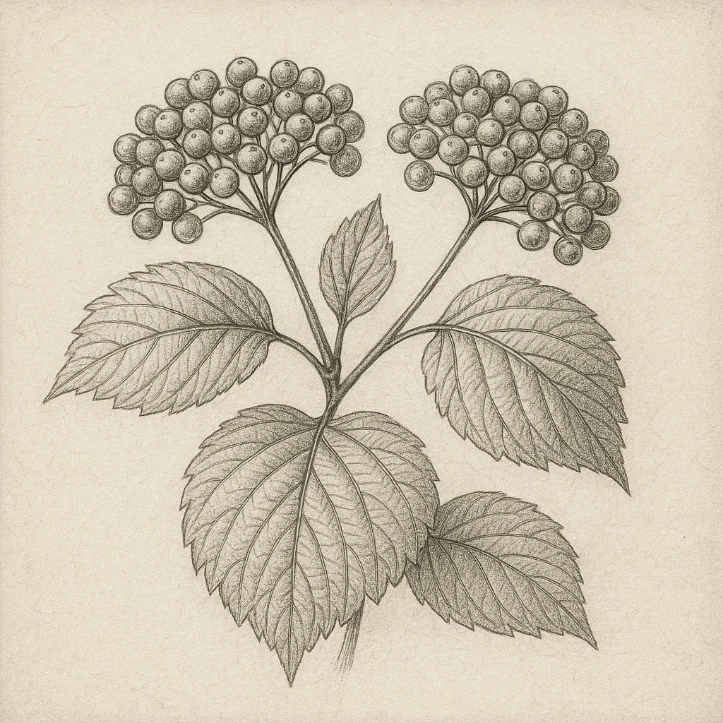 Creation by 아임플랜츠: A square pencil and ink sketch of a Linden Viburnum (Viburnum dilatatum), focusing on the rounded berry clusters and veined leaves with fine hatching and monochrome shading on textured paper, calm botanical study style, no text.