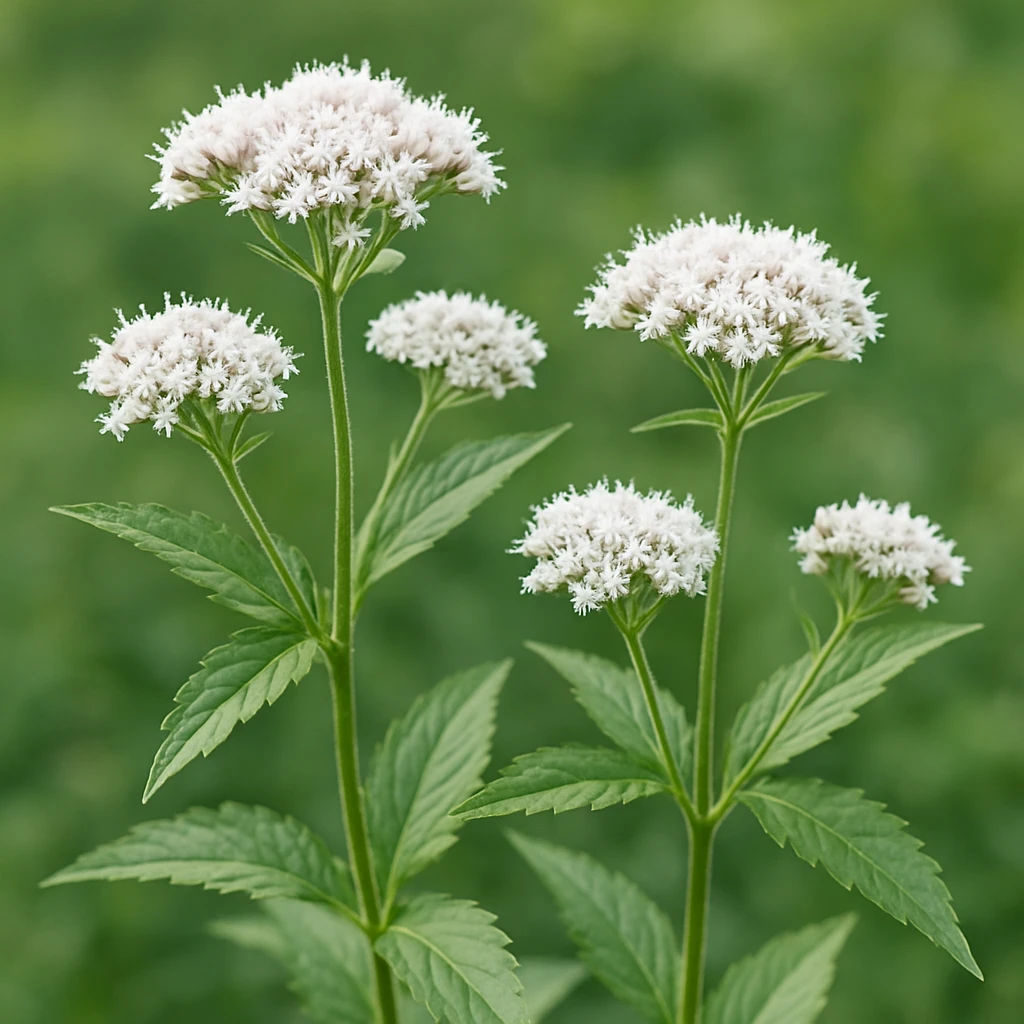 Creation by 아임플랜츠: A square realistic photograph of Eupatorium (Eupatorium japonicum), showing clusters of small white to pale pink tubular flowers at the tip of upright green stems, with elongated serrated leaves arranged in opposite pairs, captured in soft natural daylight, gentle depth of field, clean outdoor botanical background, no text.