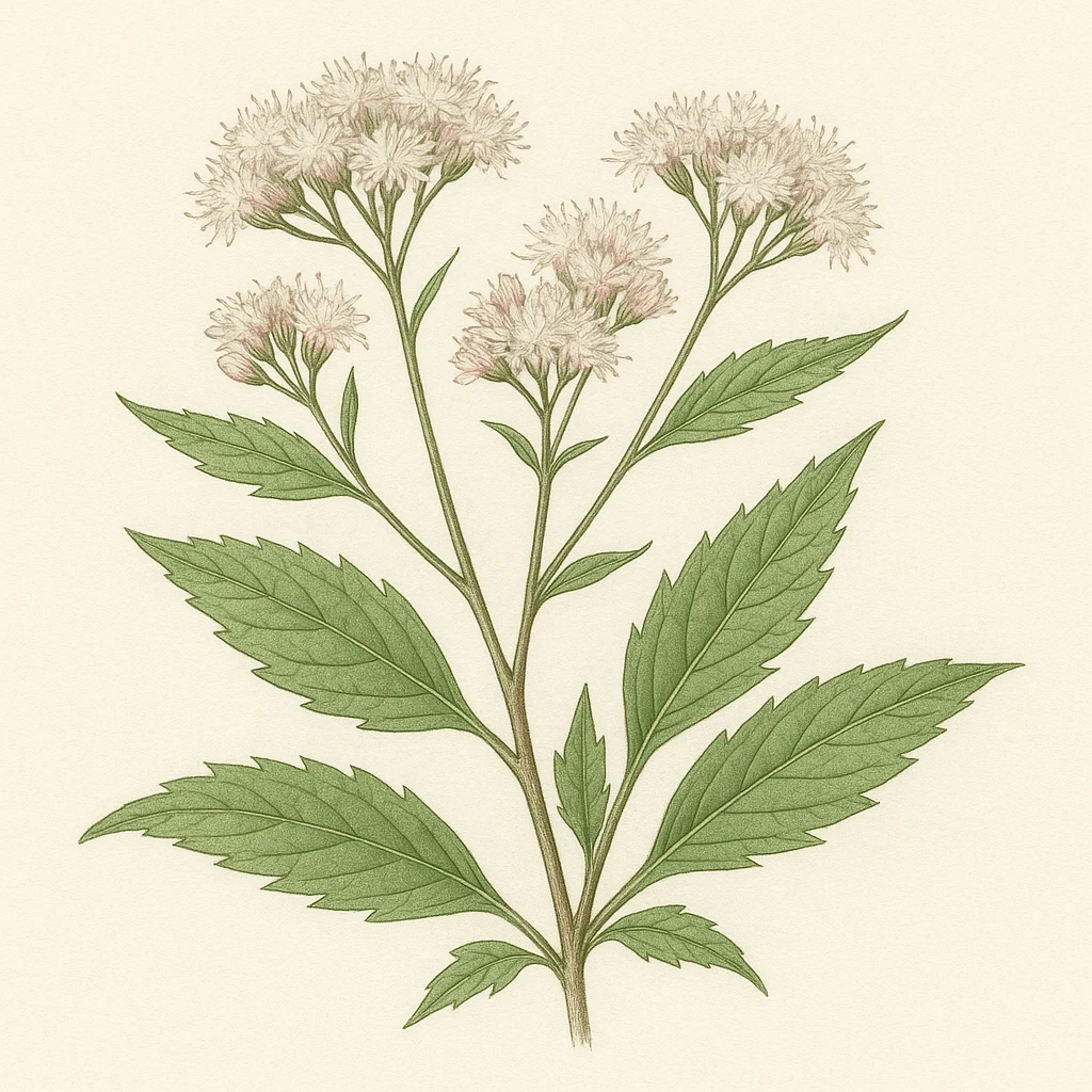Creation by 아임플랜츠: A square botanical illustration of Eupatorium (Eupatorium japonicum), depicting delicate clusters of white and pale pink tubular flowers and opposite lanceolate green leaves with fine serrations, arranged in a balanced hand-drawn composition, natural colors, clean light background, no text.