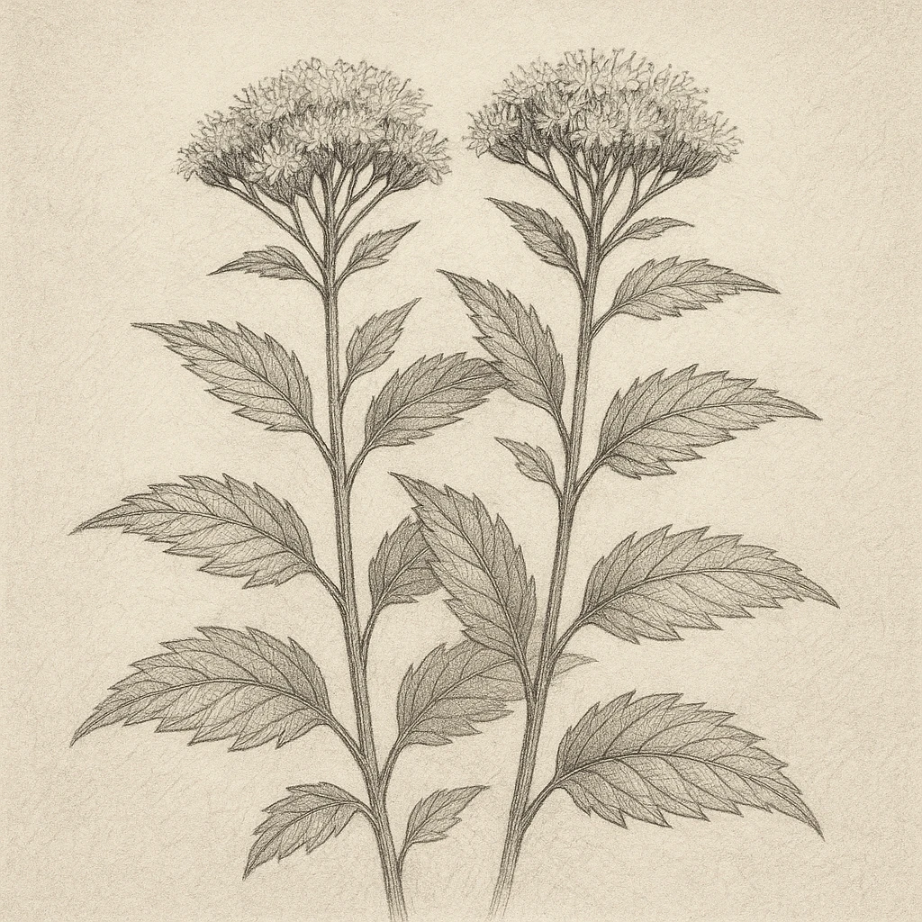 Creation by 아임플랜츠: A square pencil and ink botanical sketch of Eupatorium (Eupatorium japonicum), focusing on upright stems, opposite serrated leaves, and the rounded clusters of tiny tubular flowers, rendered with fine hatching and monochrome shading on textured paper, calm naturalist drawing style, no text.