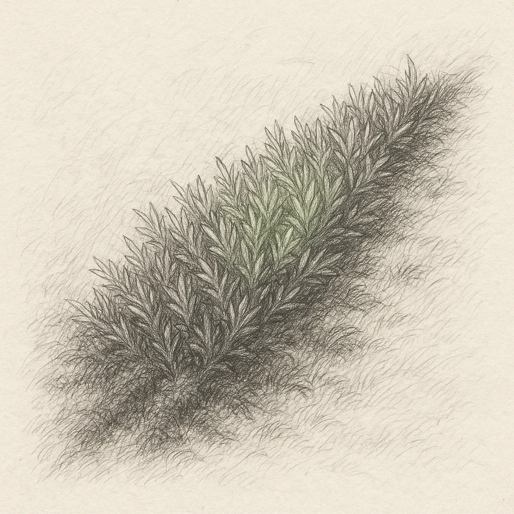 Creation by 아임플랜츠: A square-format pencil-and-ink style sketch of Moss (Bryophyta), depicting a diagonal patch of moss with fine graphite hatching and one minimally tinted muted-green accent to highlight texture, visible paper grain, calm naturalist sketchbook atmosphere, monochrome line work with one-color accent only, no text.