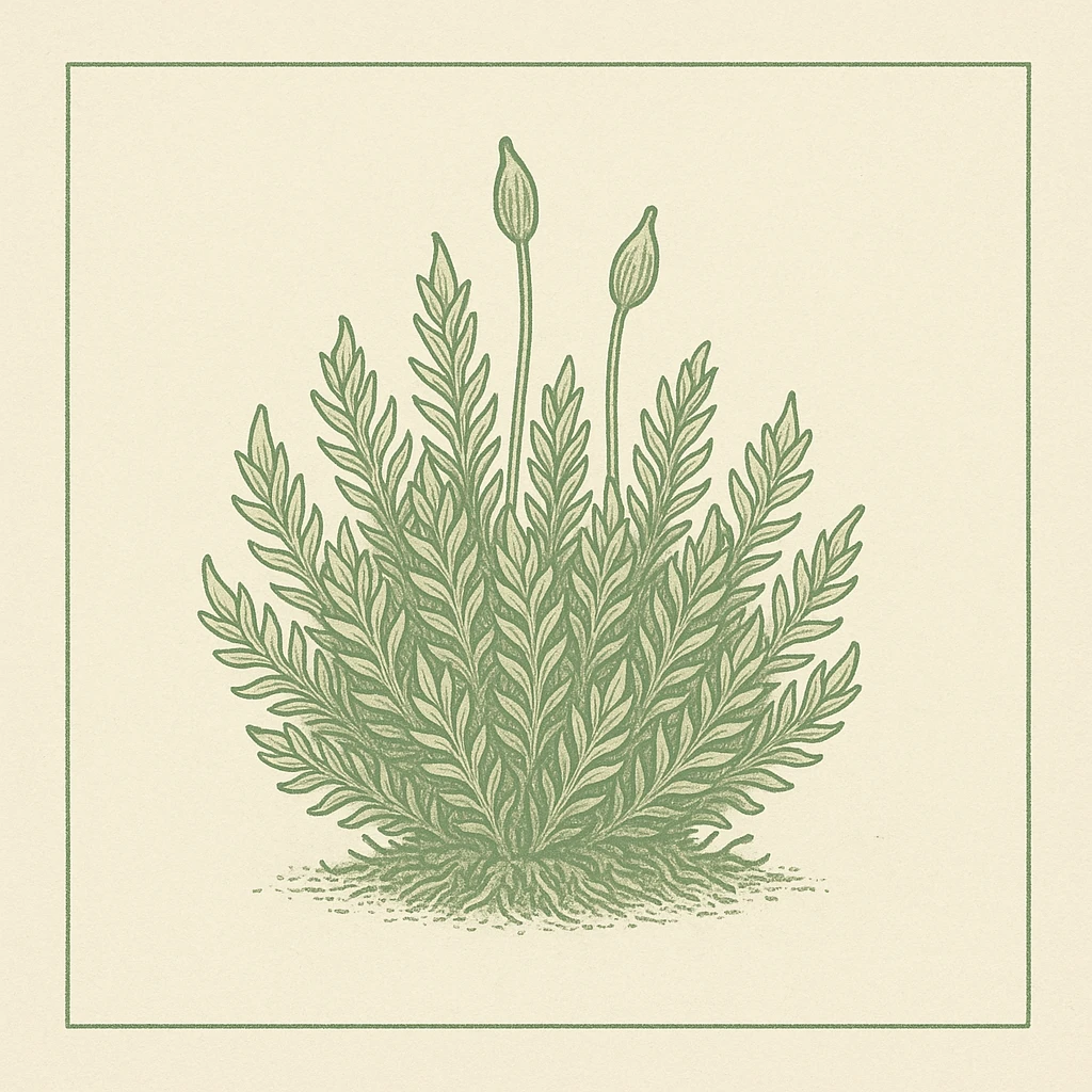 Creation by plants.im: A square-format botanical illustration of Moss (Bryophyta), centered composition featuring one small moss clump with clean stylized lines, subtle shading, off-white background, classic botanical-plate style, single-color pale green palette, no text.