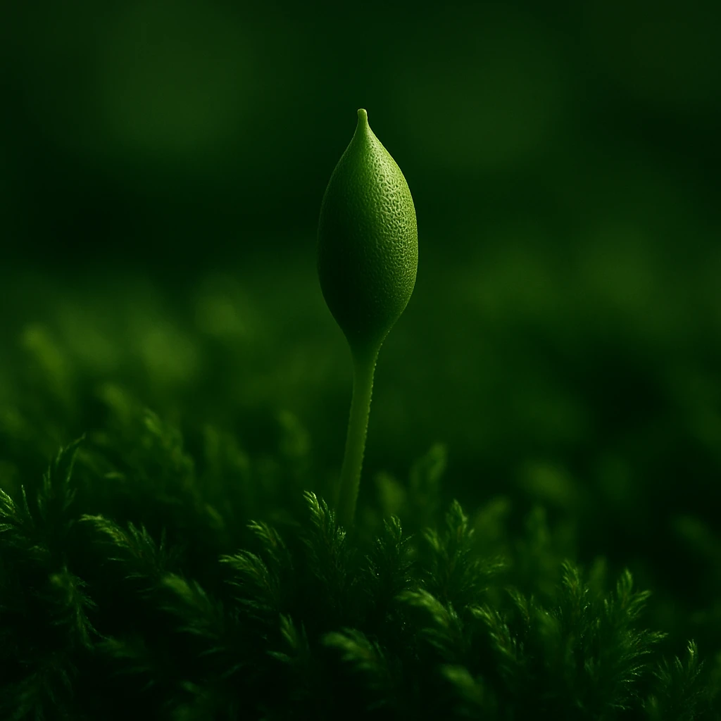 Creation by 아임플랜츠: A square-format close-up macro photograph of Moss (Bryophyta), focusing on one upright sporophyte capsule emerging from a lush deep-green moss bed, crisp surface detail, smooth natural bokeh, soft warm lighting, single-color deep green emphasis only, no text.