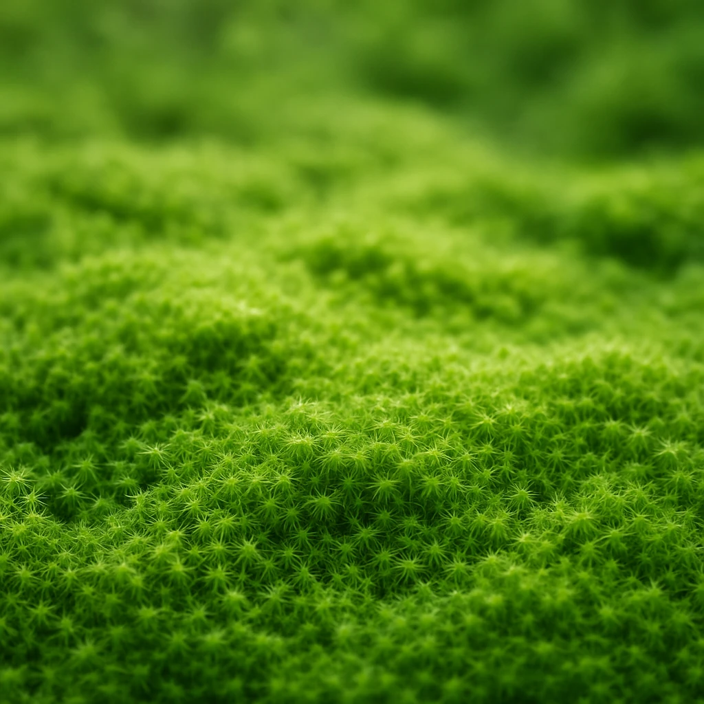 Creation by plants.im: A square-format full-shot photograph of Moss (Bryophyta), showing a soft carpet of bright green moss covering a forest floor, gentle diffused daylight, shallow background blur, high-resolution natural texture, single-color green emphasis only, no text.