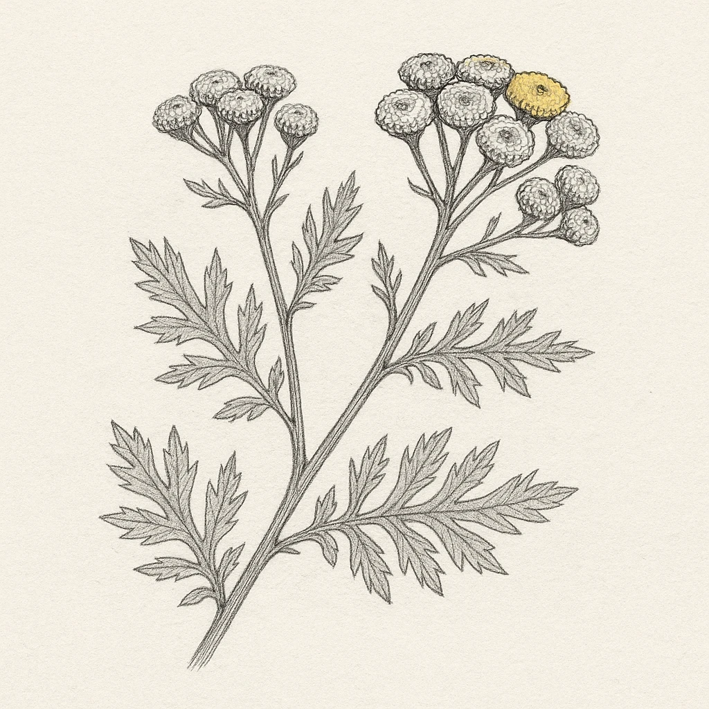 Creation by 아임플랜츠: A square pencil-and-ink style sketch of Tansy (Tanacetum vulgare), depicting a diagonal stem with one highlighted bloom using minimal yellow tint, fine graphite hatching, visible paper grain, monochrome line work with a single yellow accent only, no text.